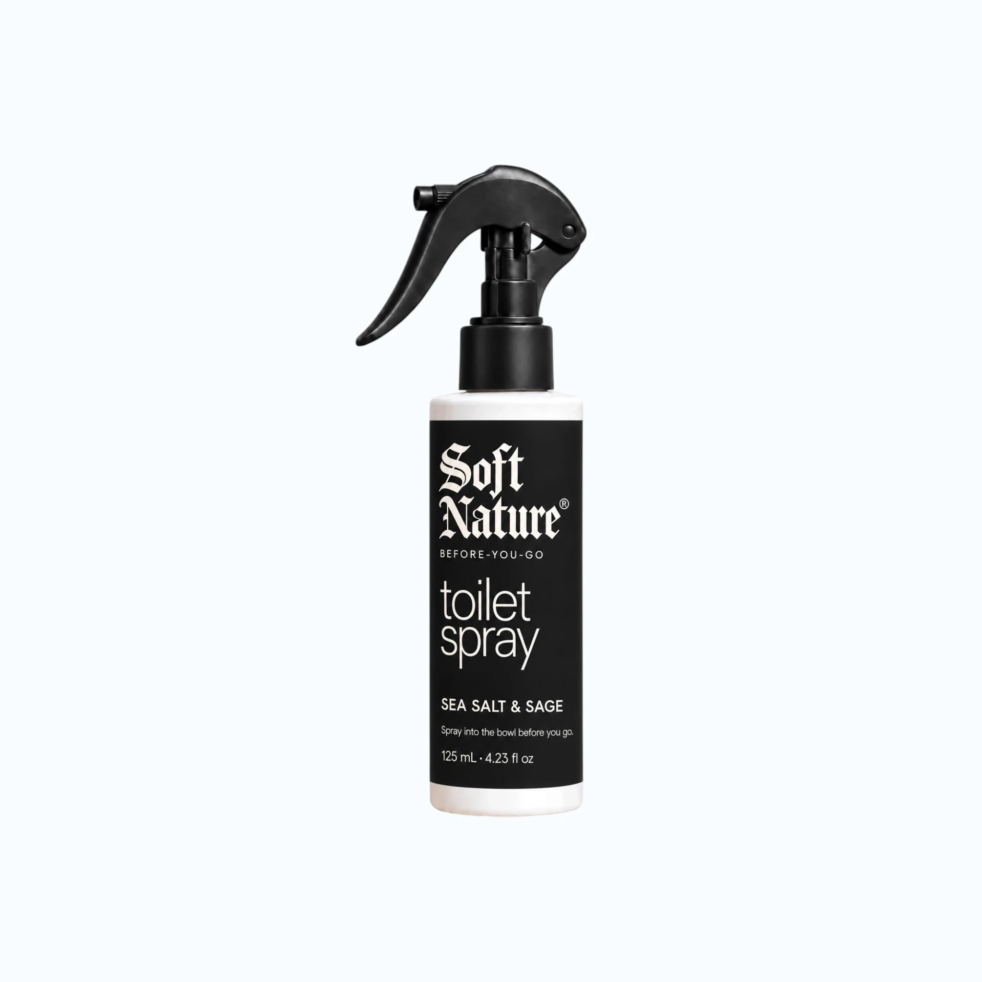 SOFT NATURE Sea Salt & Sage before-you-go toilet spray, 125 mL bottle with a black label and black trigger sprayer.