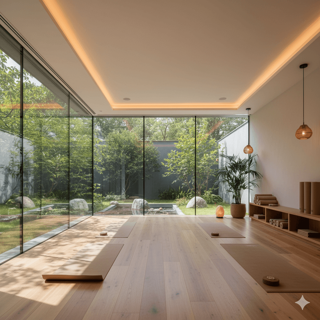 Tranquil, sunlit yoga and meditation studio with wooden floors and large windows, M3M Gurgaon