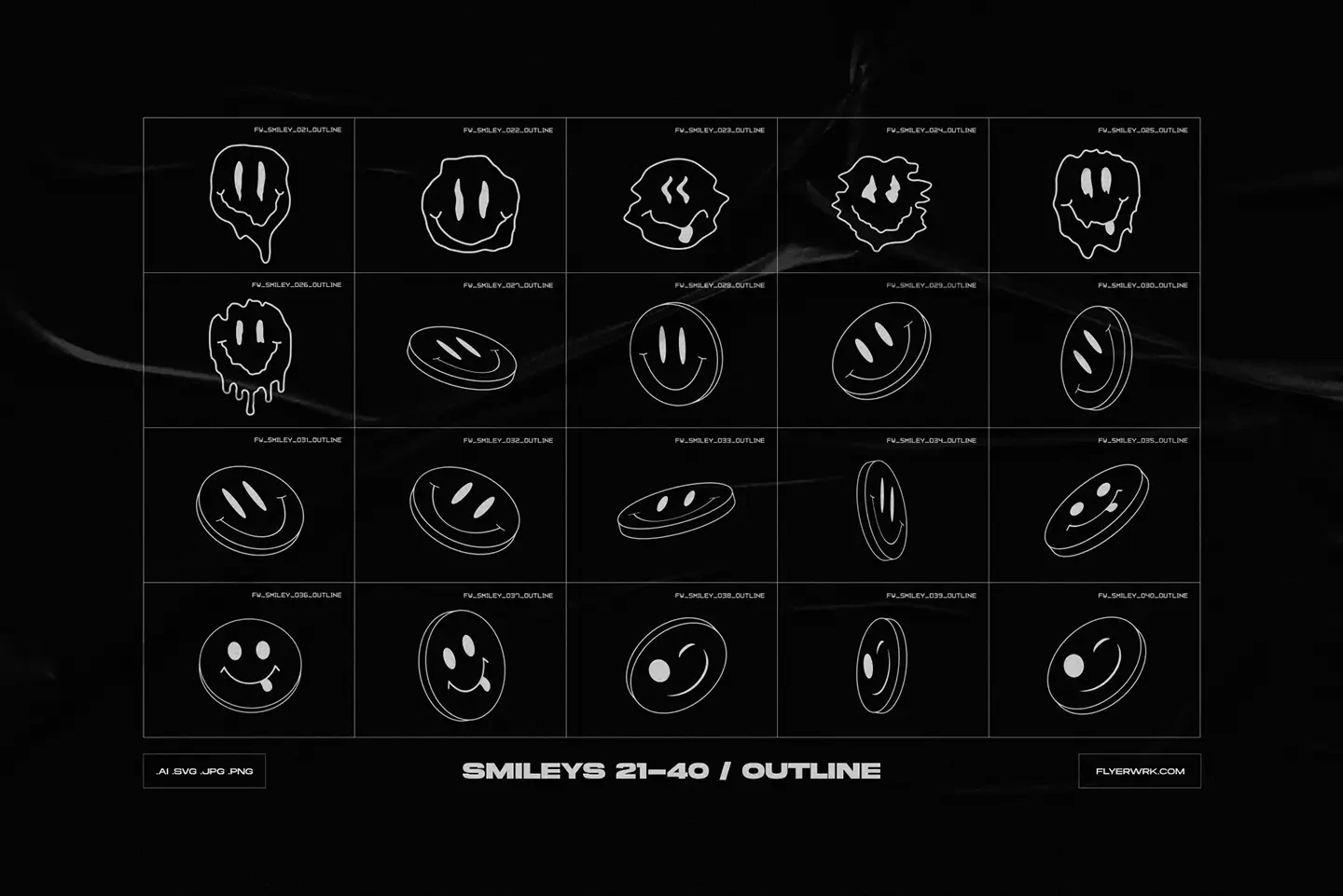 Y2K Abstract Acid smiley icons outline set 21 to 40 vector preview