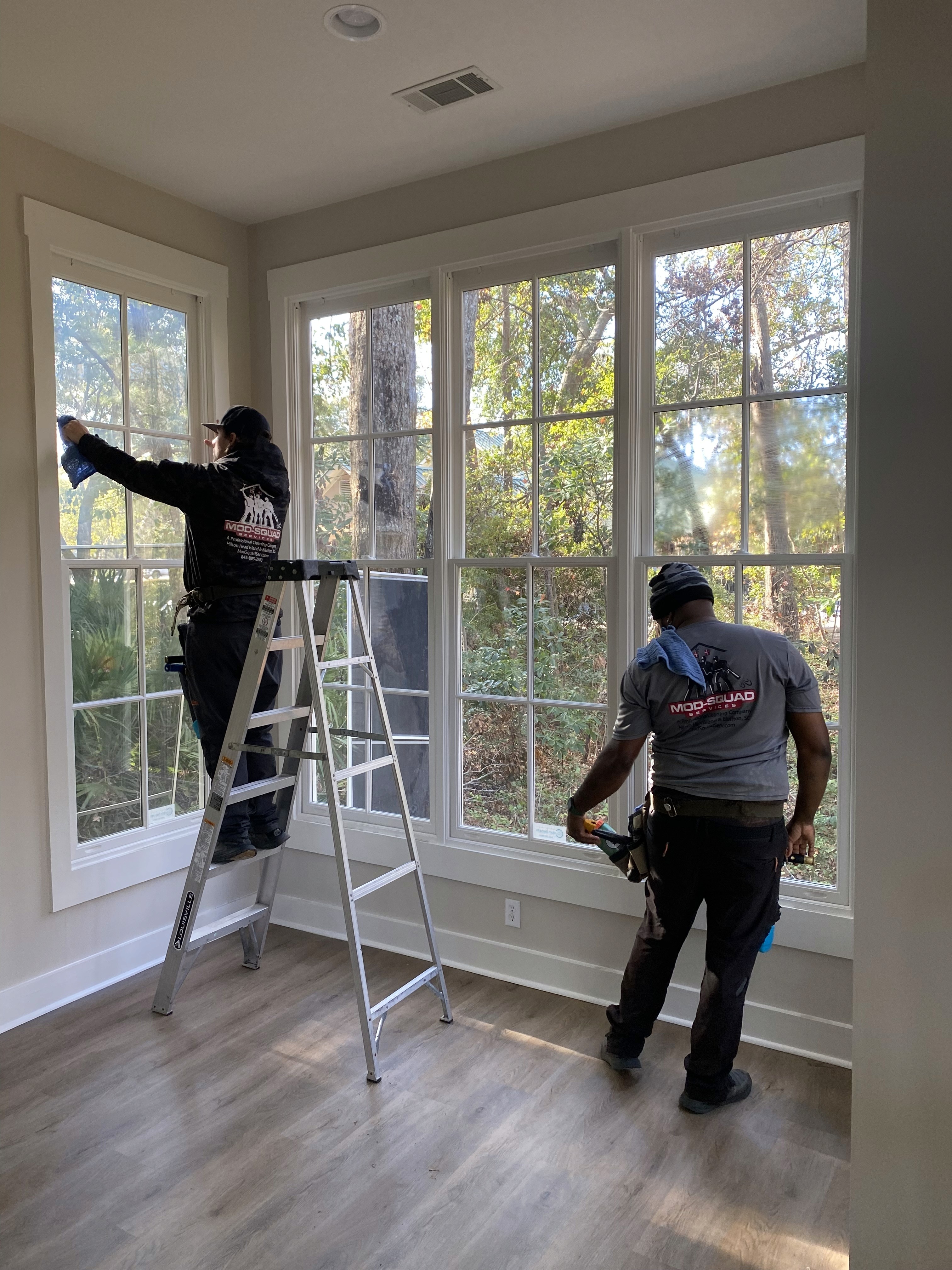 Before and after—residential window in Hilton Head cleaned to a clear, streak-free finish.