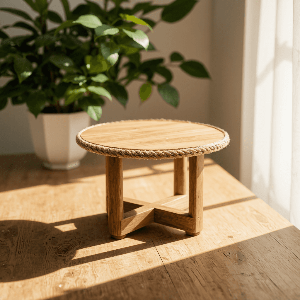 product photography of a small wooden table with a rope border, used for decorative purposes