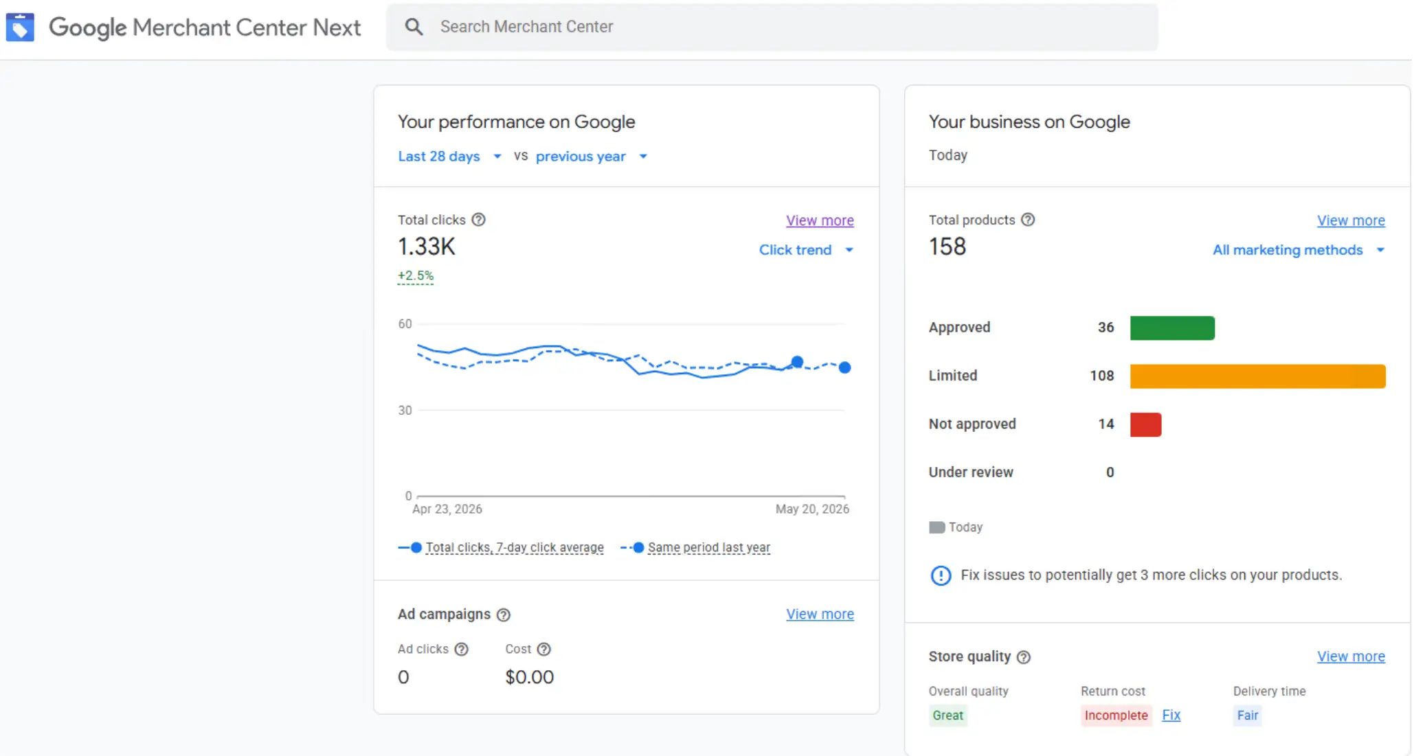  Google Merchant Center Next dashboard showing performance metrics and product status summary.