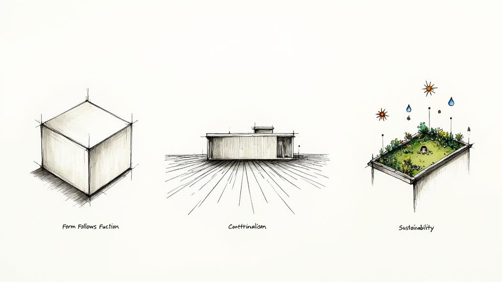 Architectural design showing a building with large windows and a garden