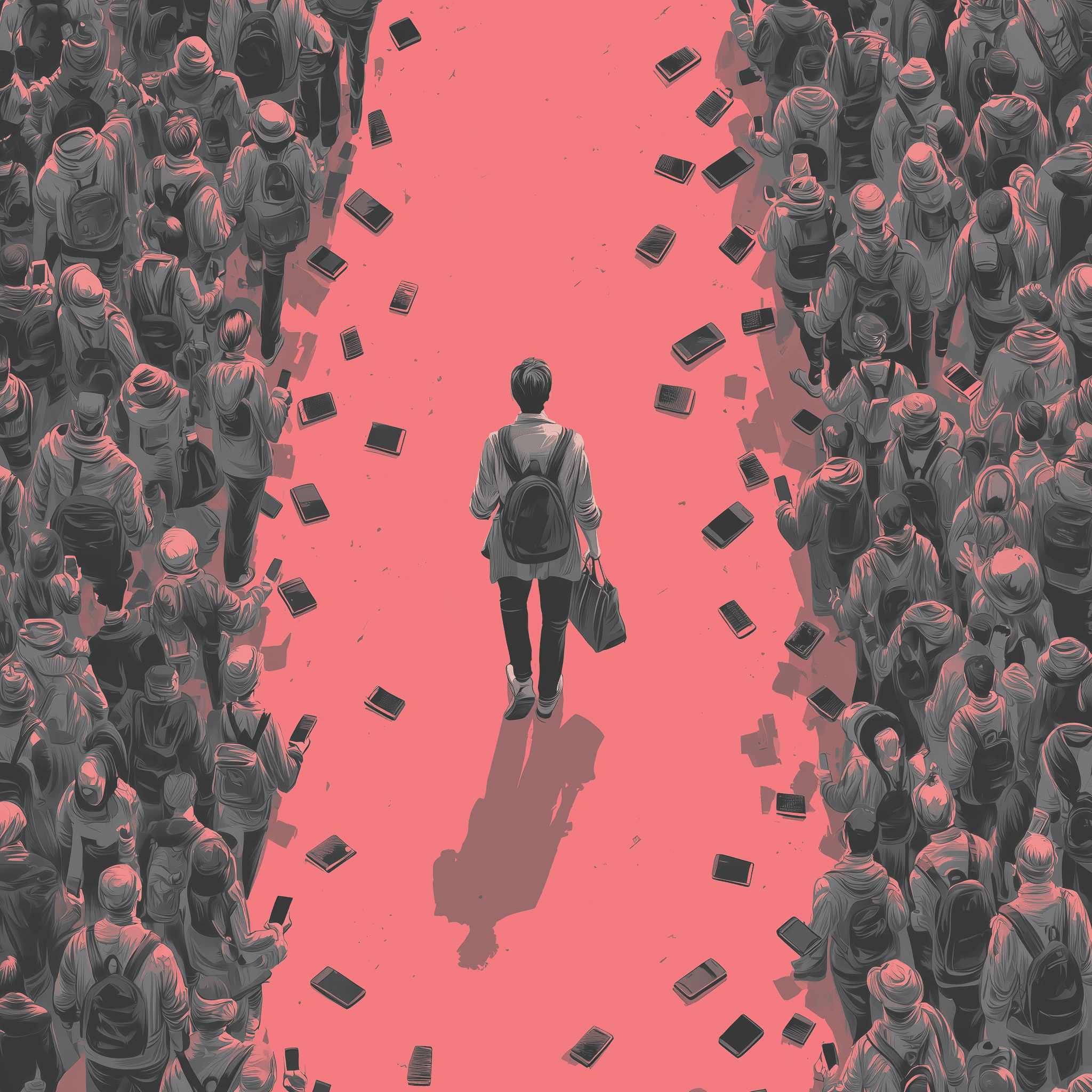 a person walking straight past crowd