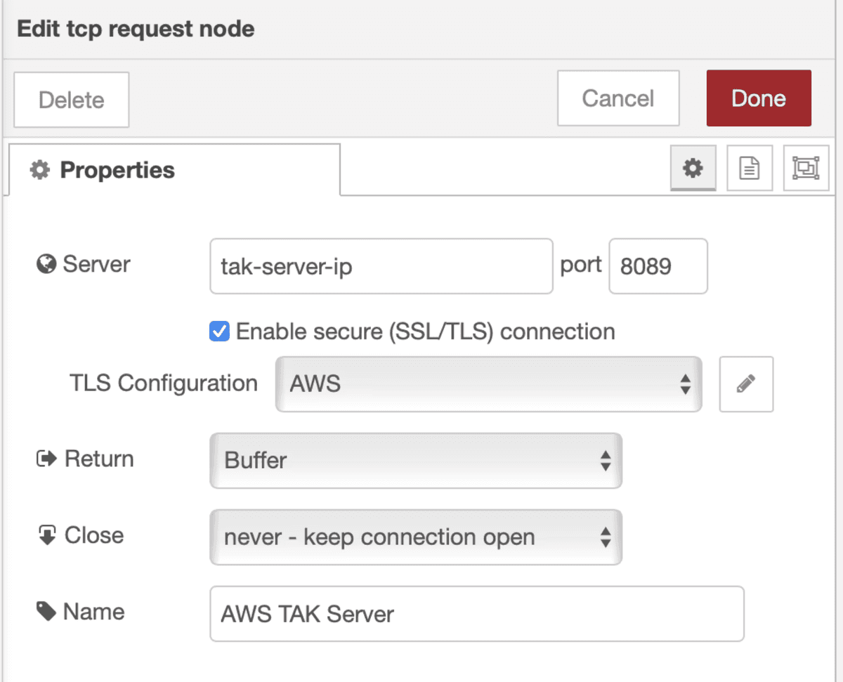 A configuration dialog for editing a TAK Server node with fields for server IP, port, TLS settings, and connection parameters.