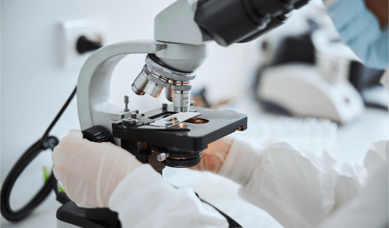 A scientist in a lab adjusts a microscope.