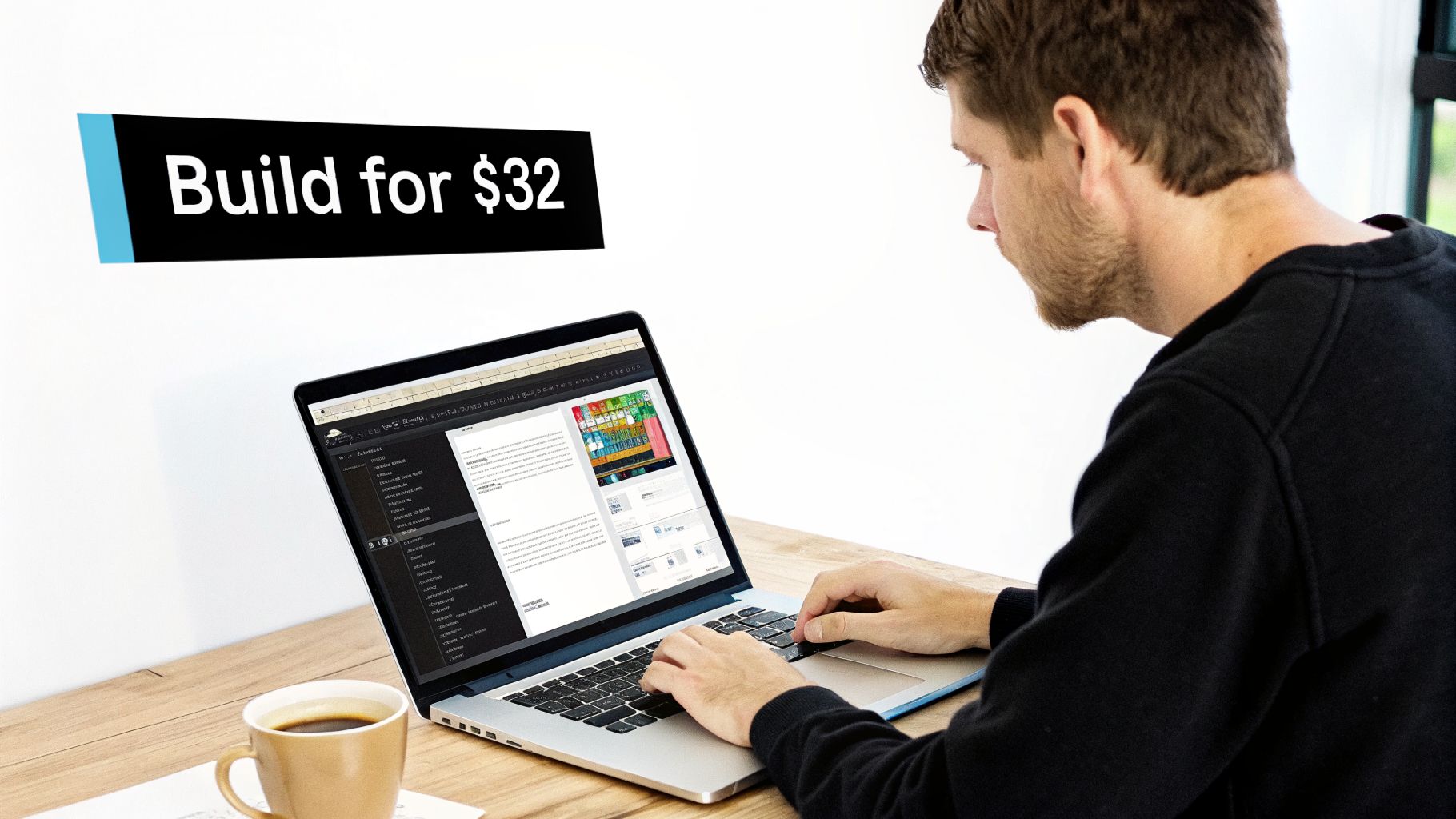 A man works on a laptop with a coffee cup nearby, and text reads 'Build for $32'.