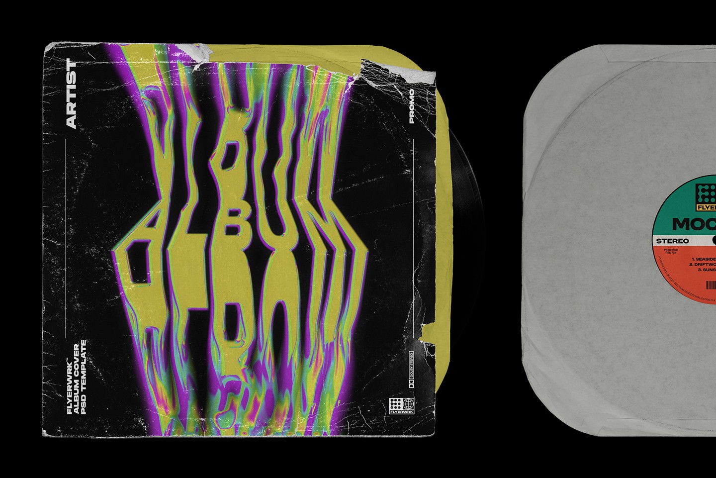 Vinyl record mockup displaying custom album cover design with colorful artwork