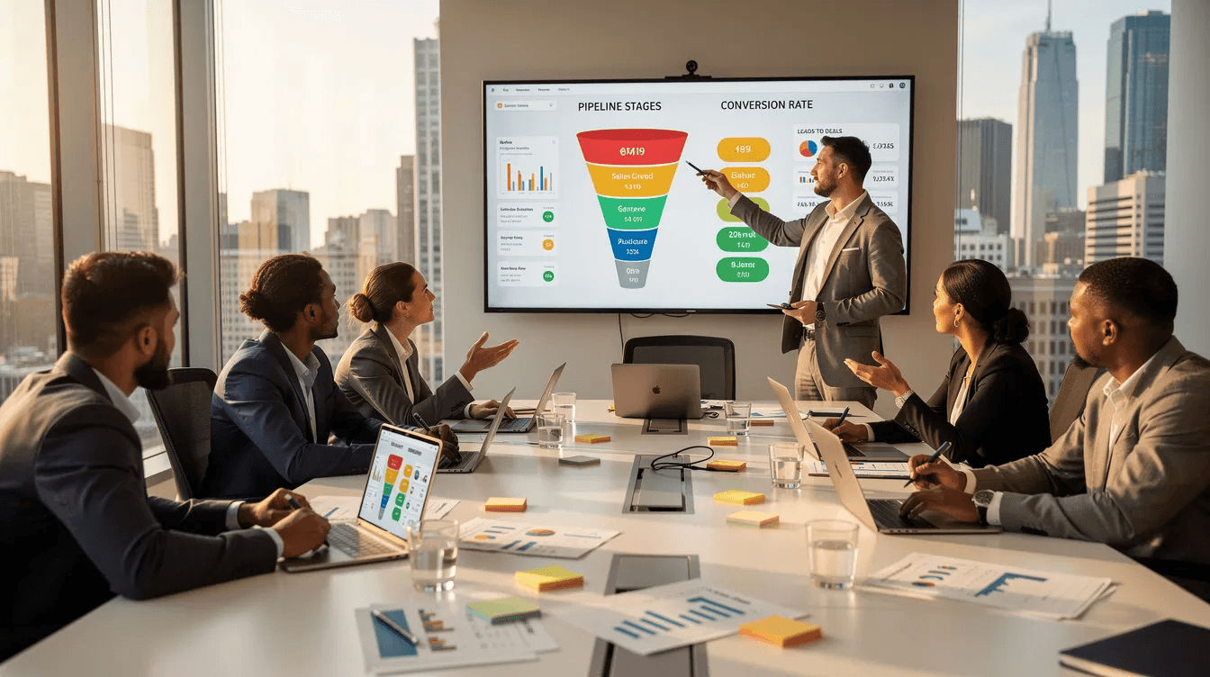 In der Abbildung sind Mitglieder eines Marketing- und Vertriebsteams zu sehen, die gemeinsam an der Optimierung der Vertriebspipeline für ein SaaS-Unternehmen arbeiten. Sie diskutieren Strategien zur Lead-Generierung und zur Verbesserung der Konversionsraten, während sie an einem Tisch mit Notizen und digitalen Geräten sitzen.