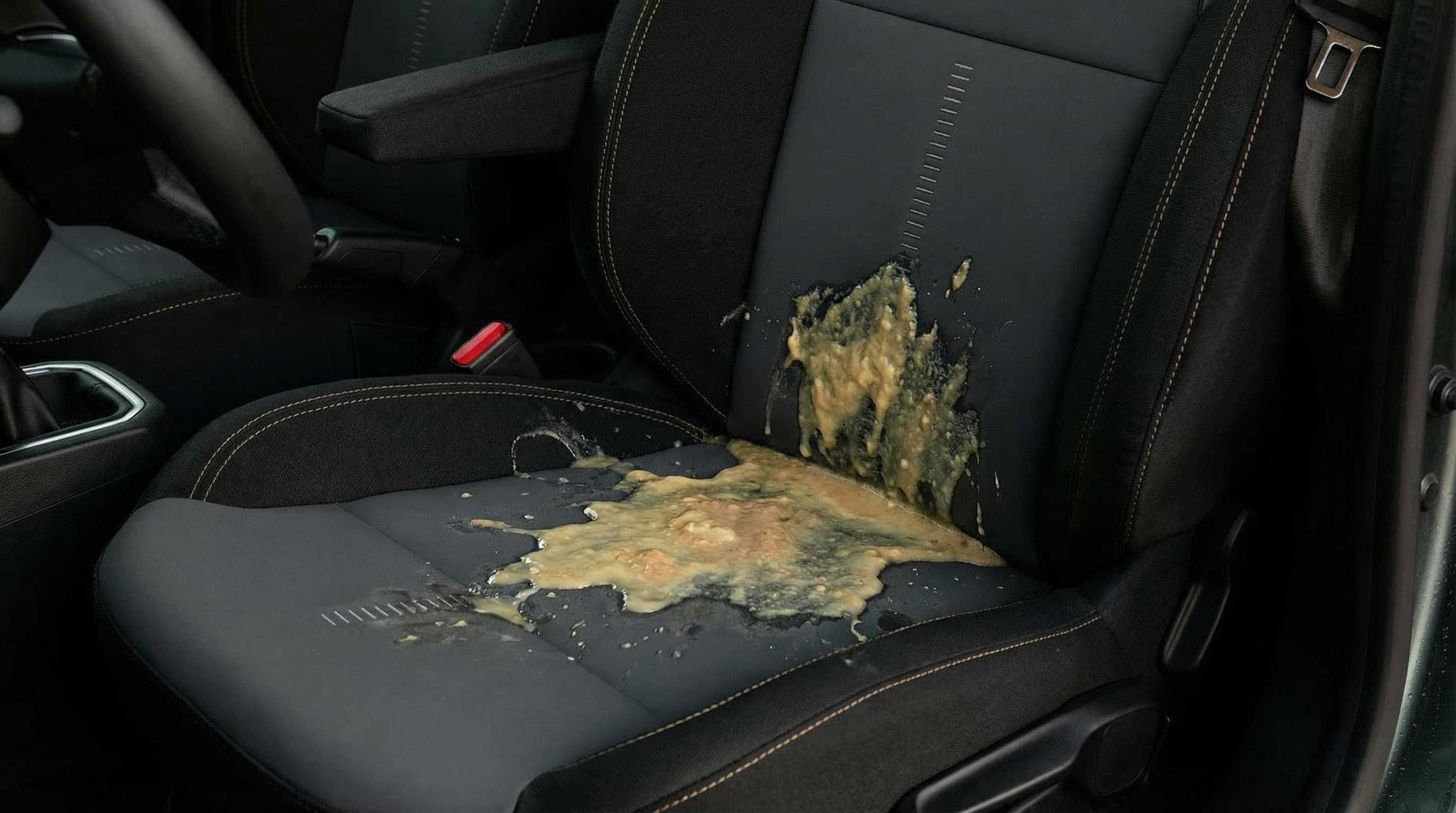 Tache de vomi sur le siège avant d’une voiture en gros plan