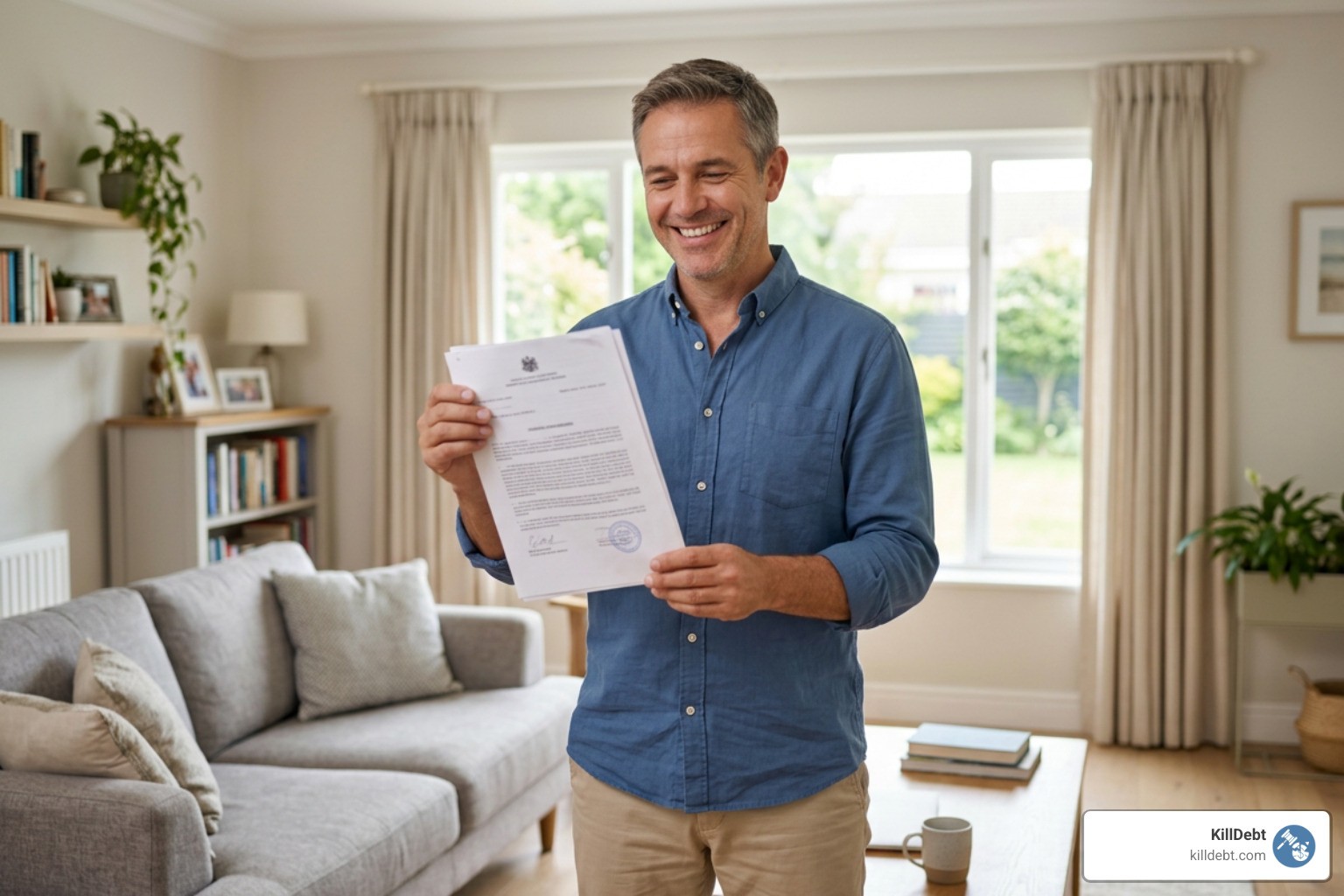 Relieved homeowner holding a court order dismissing an old debt lawsuit