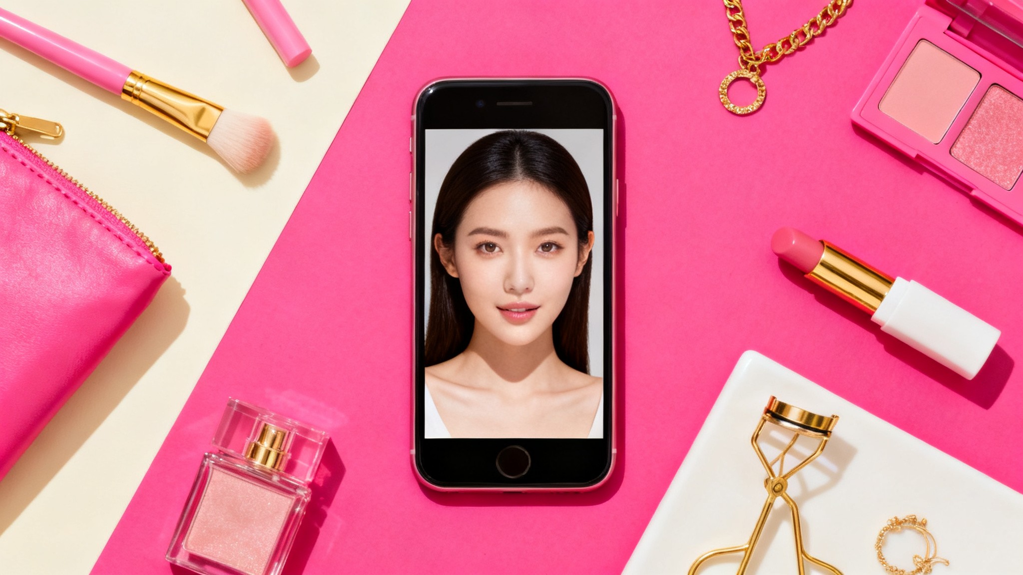 Flat lay of a phone showing a clean well-lit selfie with styled props, source photos for ai twin
