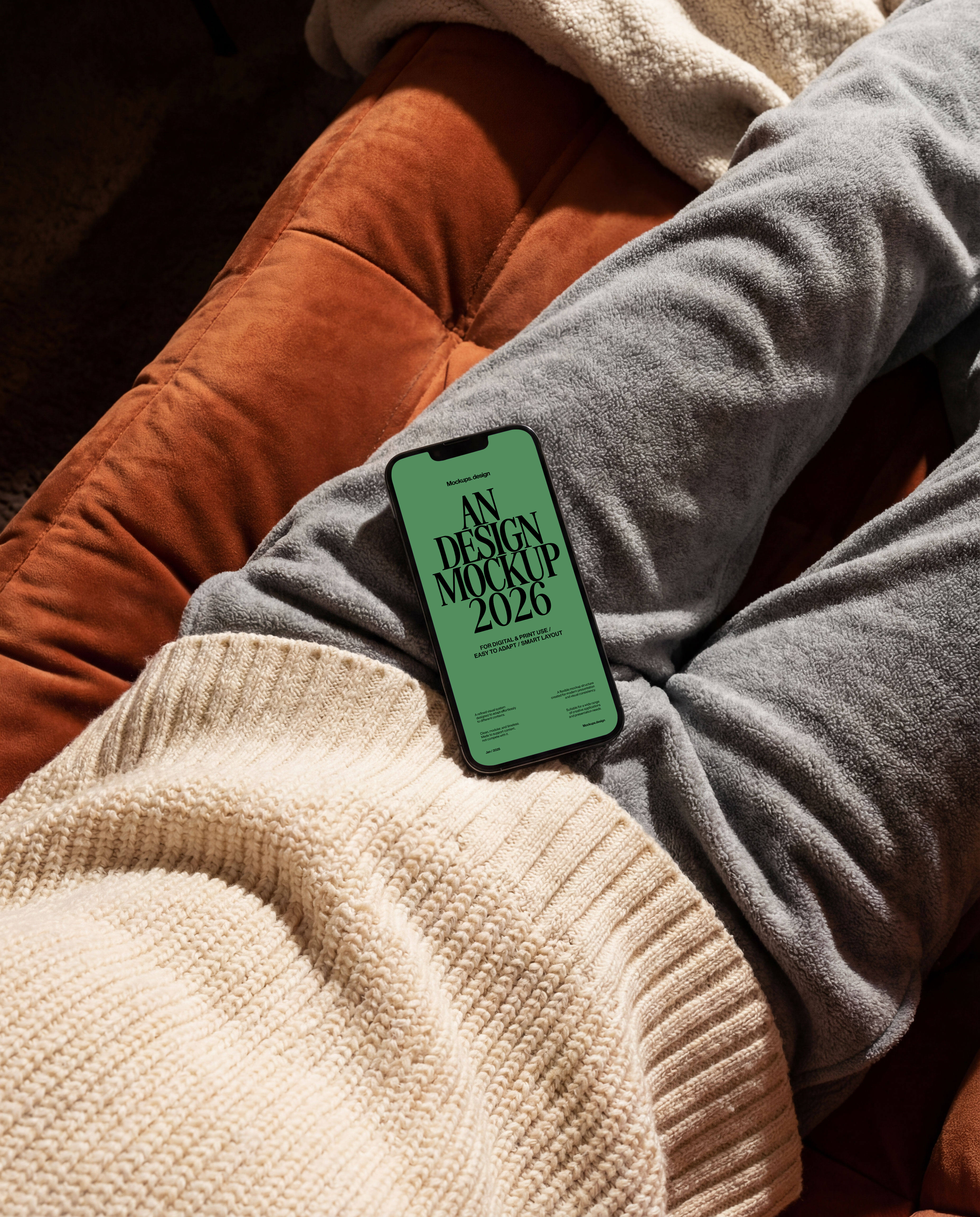 Woman using iPhone 16 mockup at home, lifestyle scene