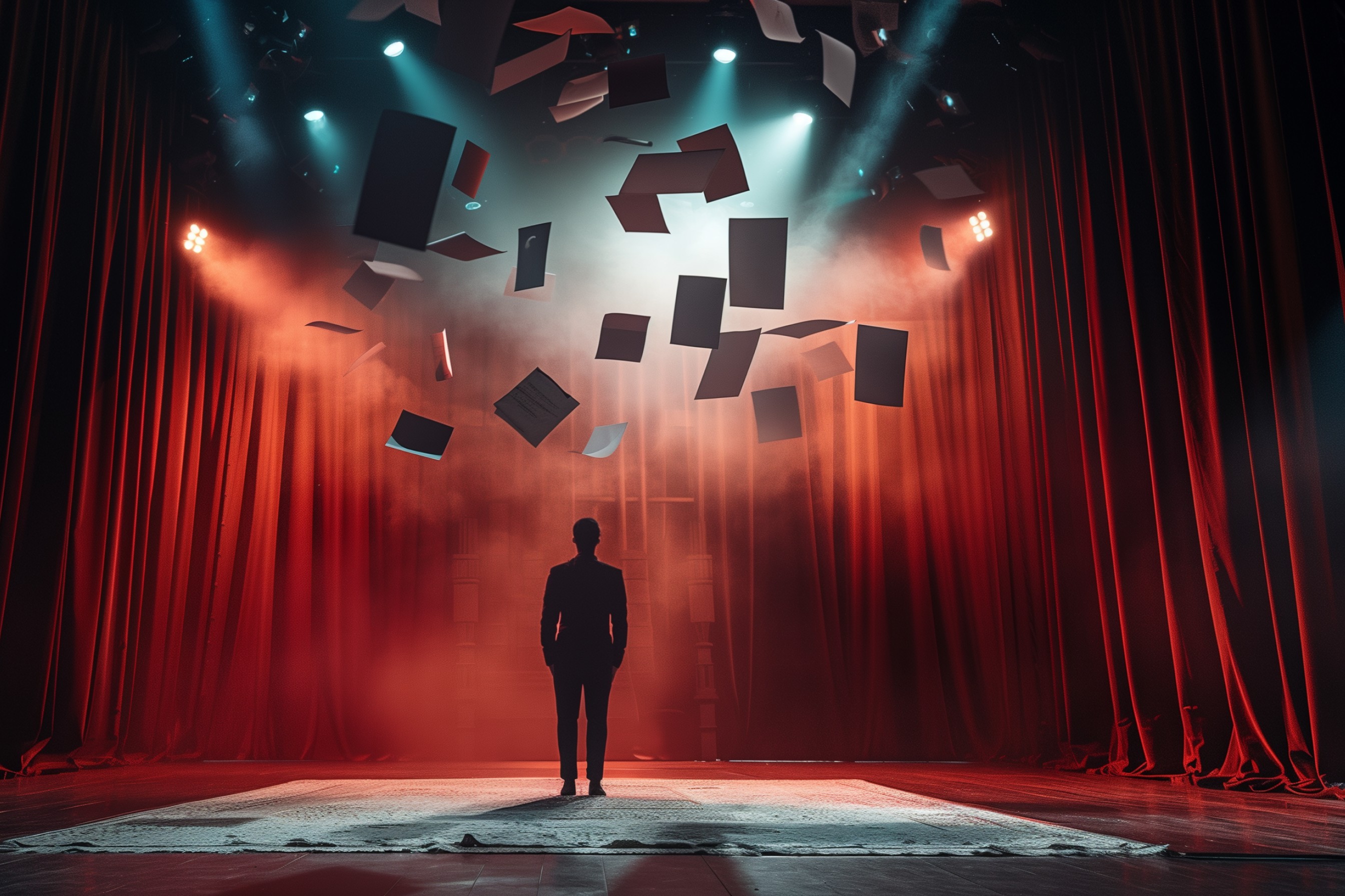 person on stage with paper floating above them