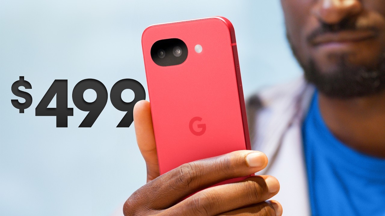 MKBHD-style budget phone thumbnail with red handset, $499 text, and blurred creator