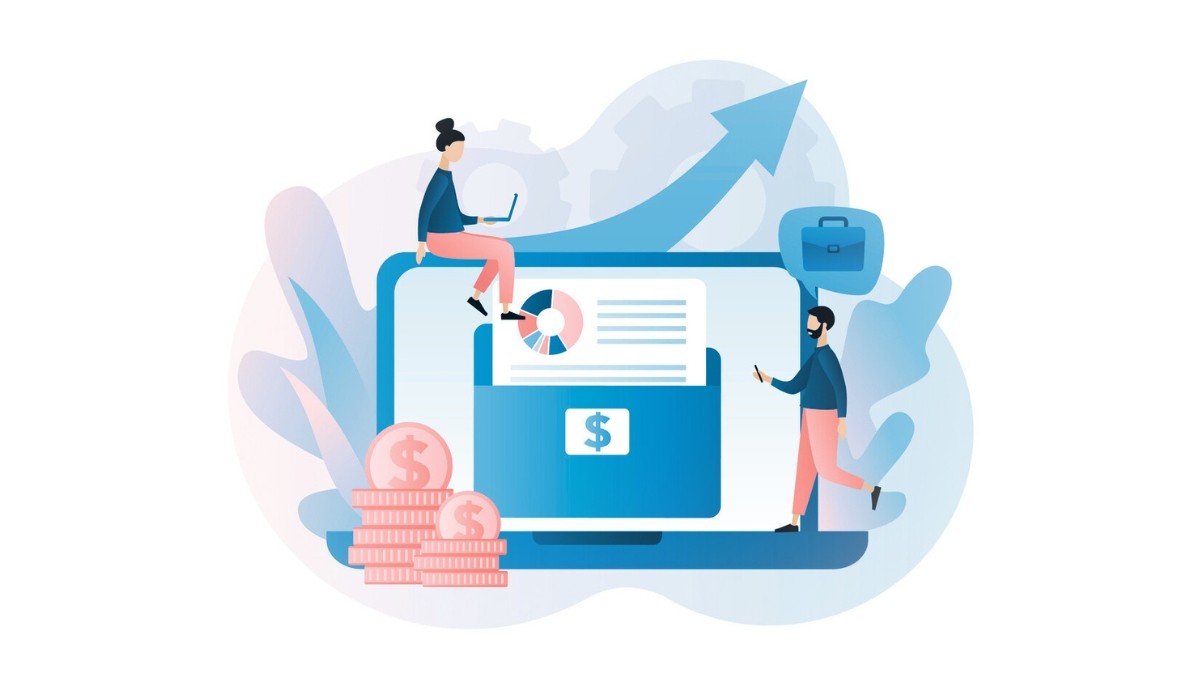 Illustration of a large laptop displaying a financial document with a dollar symbol and pie chart, with a woman sitting on top working on a laptop, a man beside it holding a phone, stacks of coins on one side, a briefcase icon on the other, and an upward arrow and gears in the background—representing how engineers evaluate the value and growth potential of startup stock options.