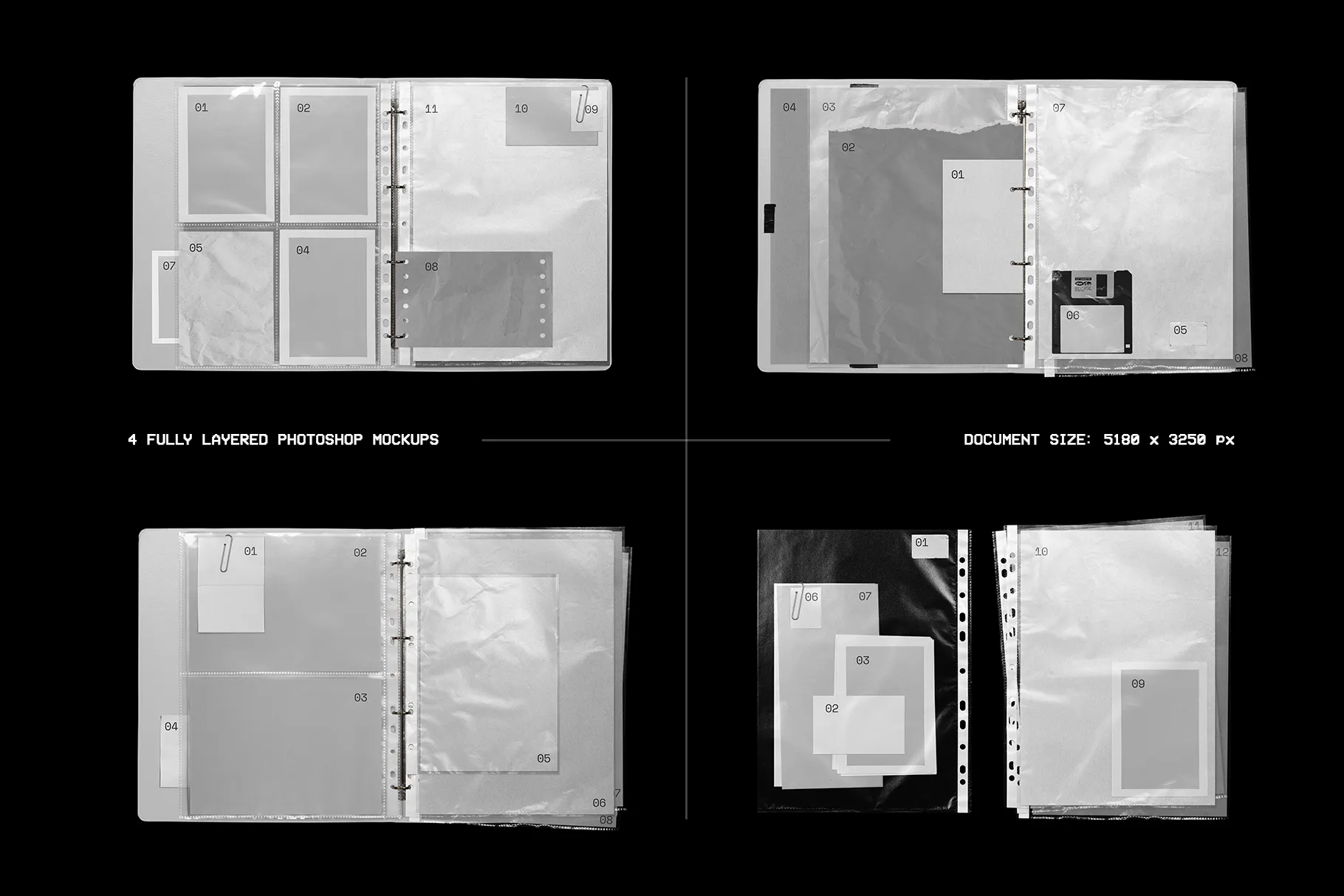 Editorial Archive Mockup Kit preview showing four fully layered Photoshop mockup scenes