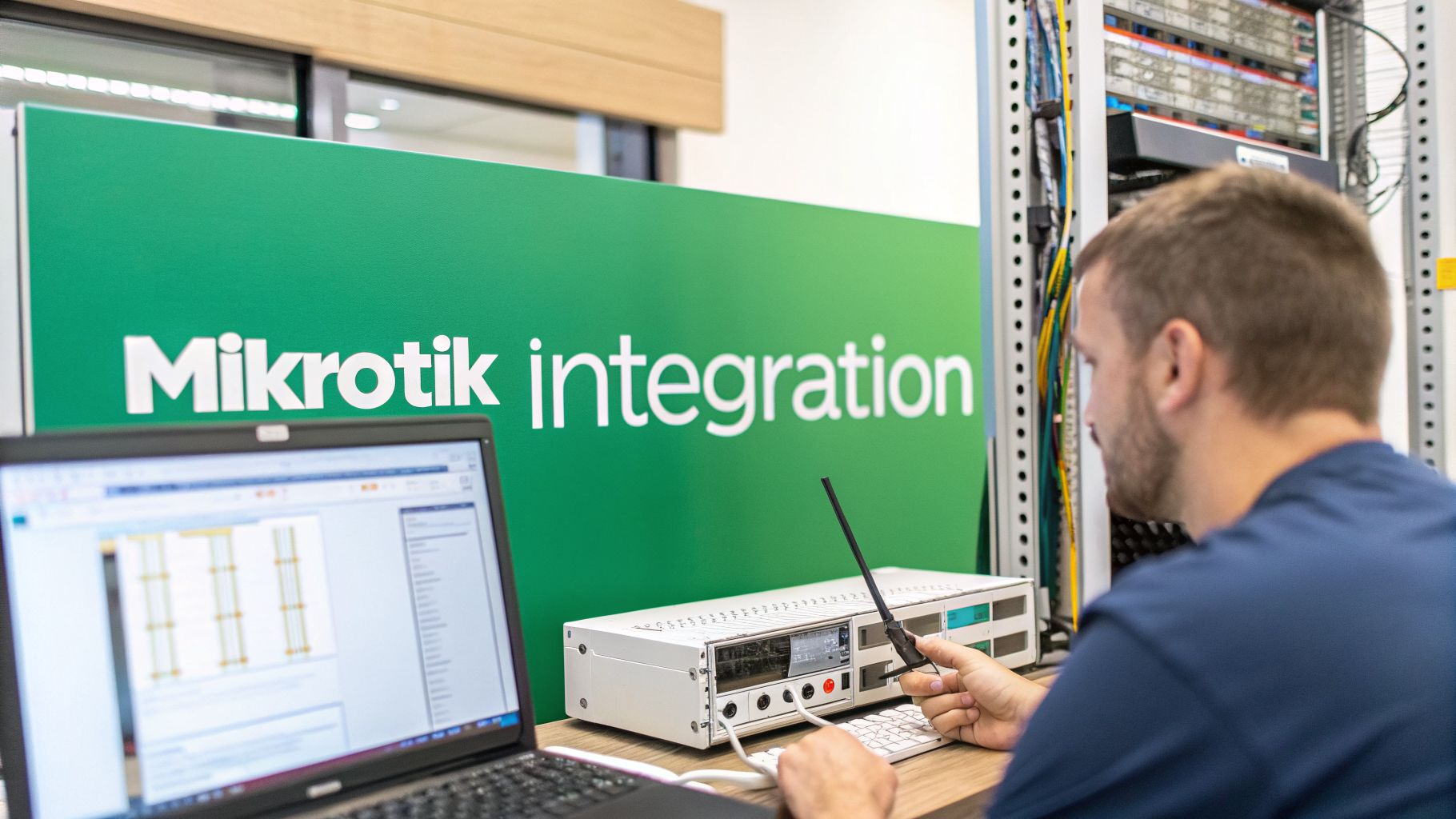 A technician works on Mikrotik network integration, configuring equipment with a laptop in a data center.