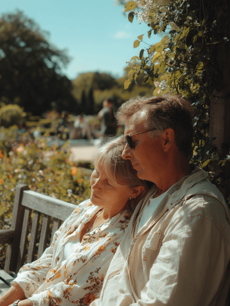 An older couple resting close together on a garden bench in the sunshine