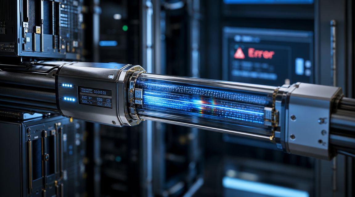 A futuristic data center server rack showing a glowing blue fiber optic connection with an error message.