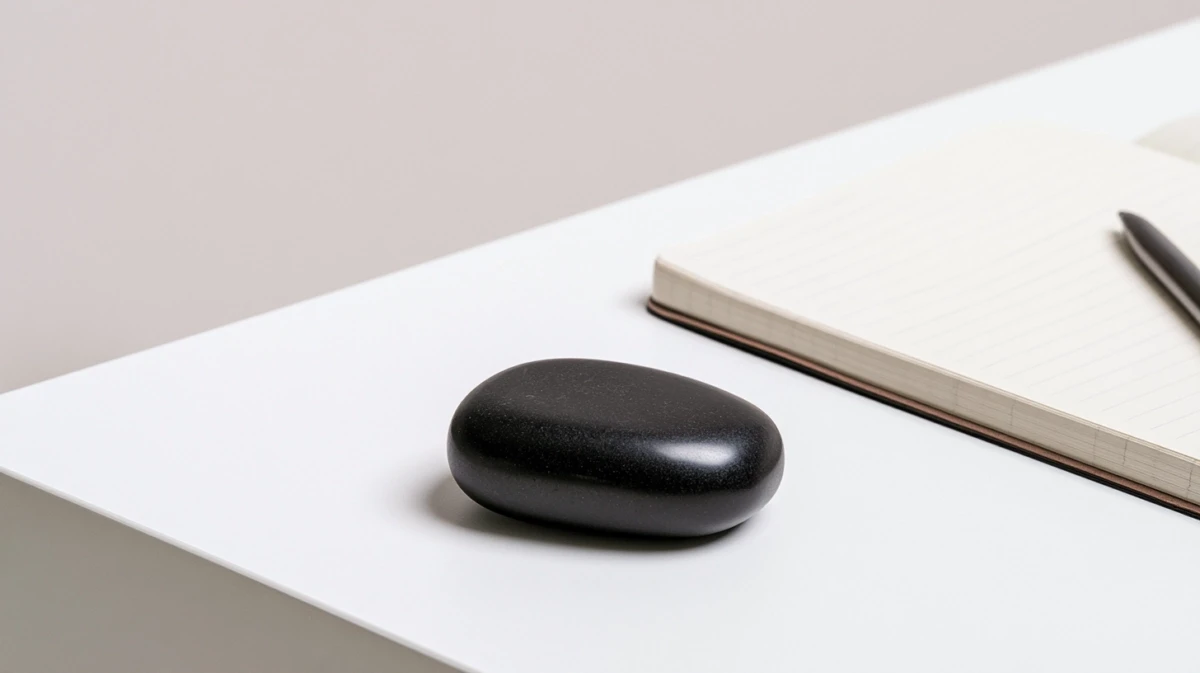 Obsidian palm stone positioned at edge of workspace during writing