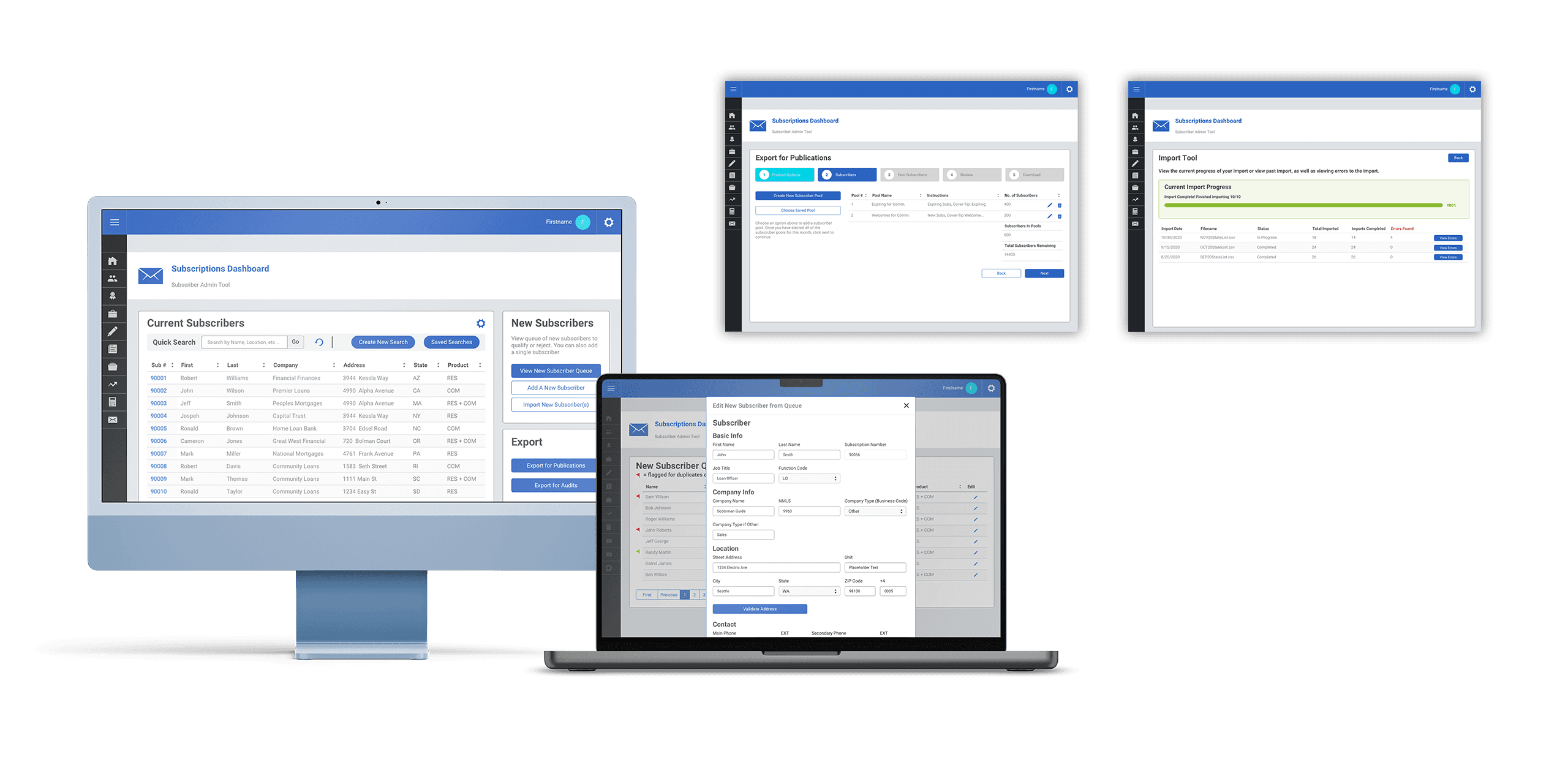 Mockups of a few of the finalized screens of the dashboard