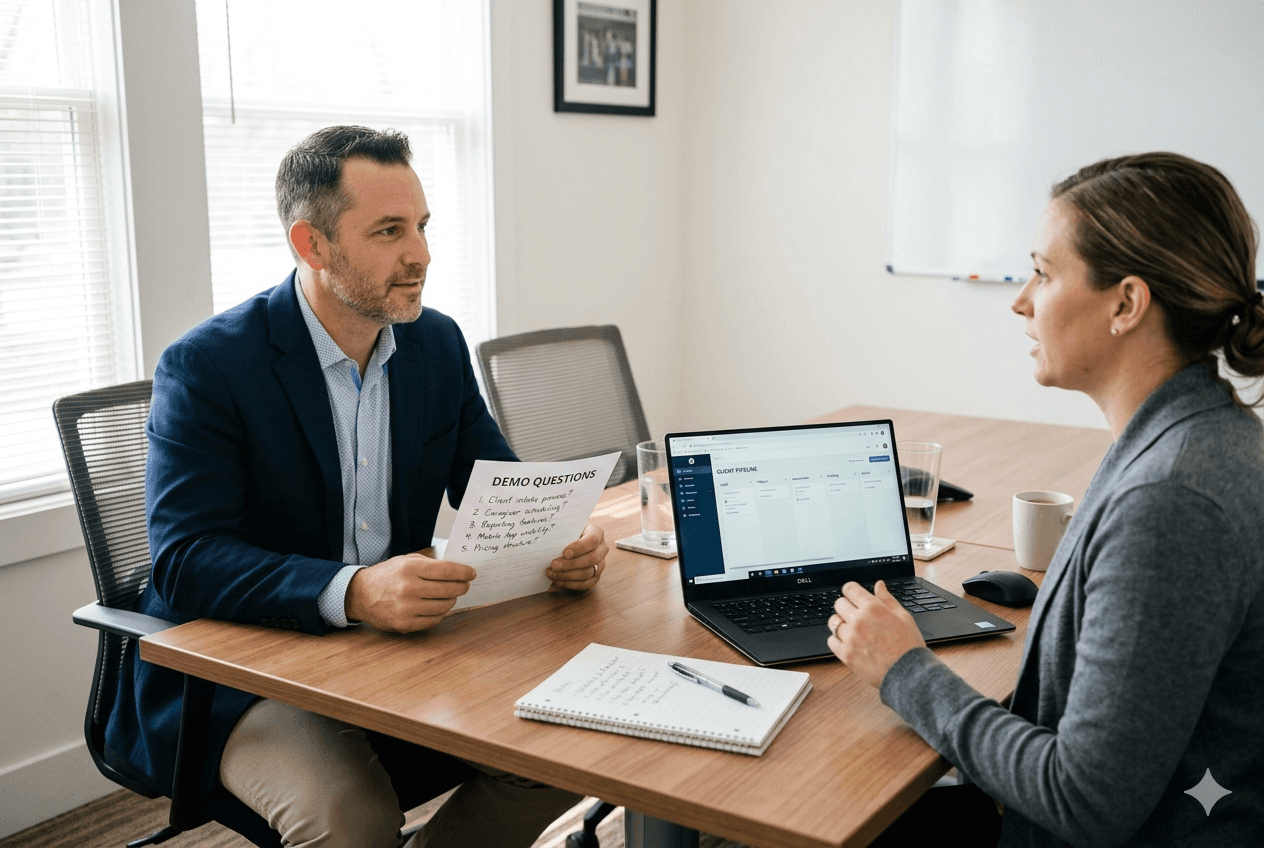 An agency owner reviews a handwritten "Demo Questions" checklist while a software vendor presents a "Client Pipeline" dashboard on a laptop in a bright, professional conference room.