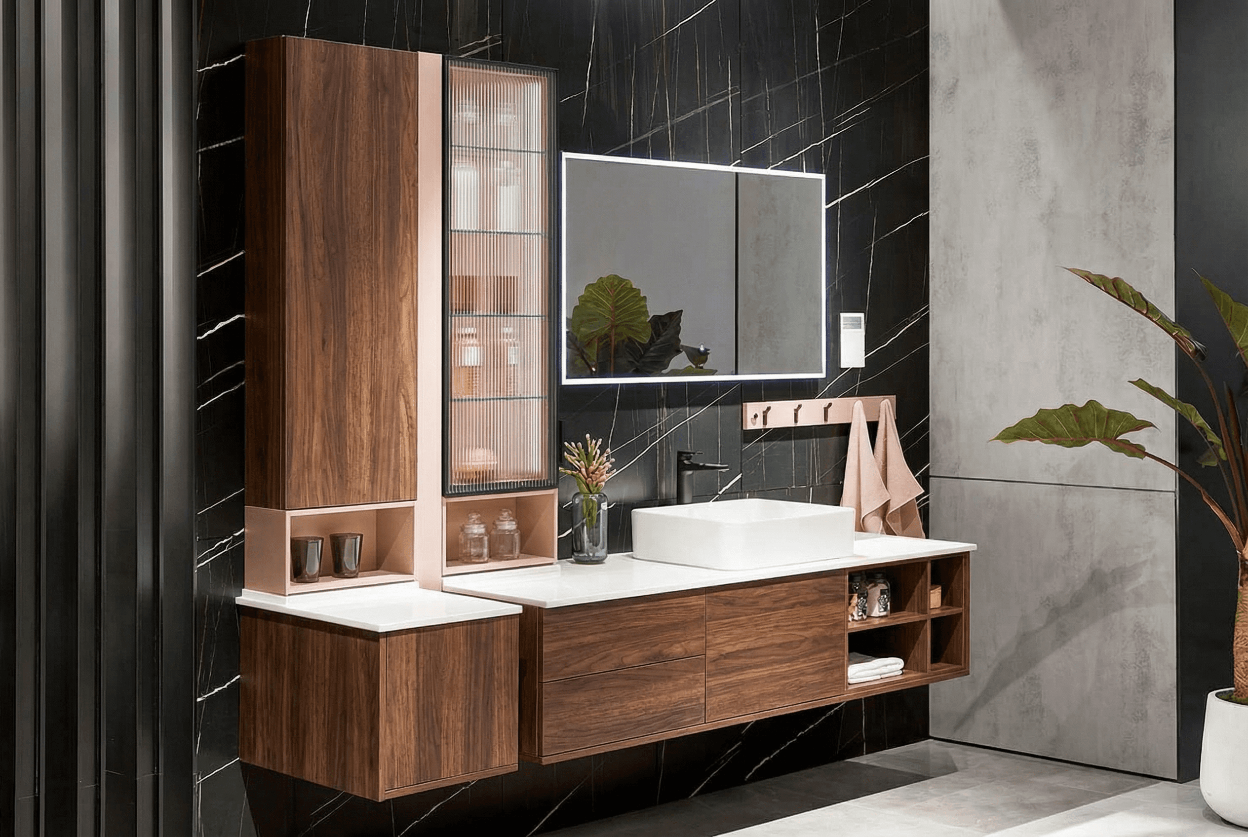 A modern bathroom with a vanity and tiled floor.