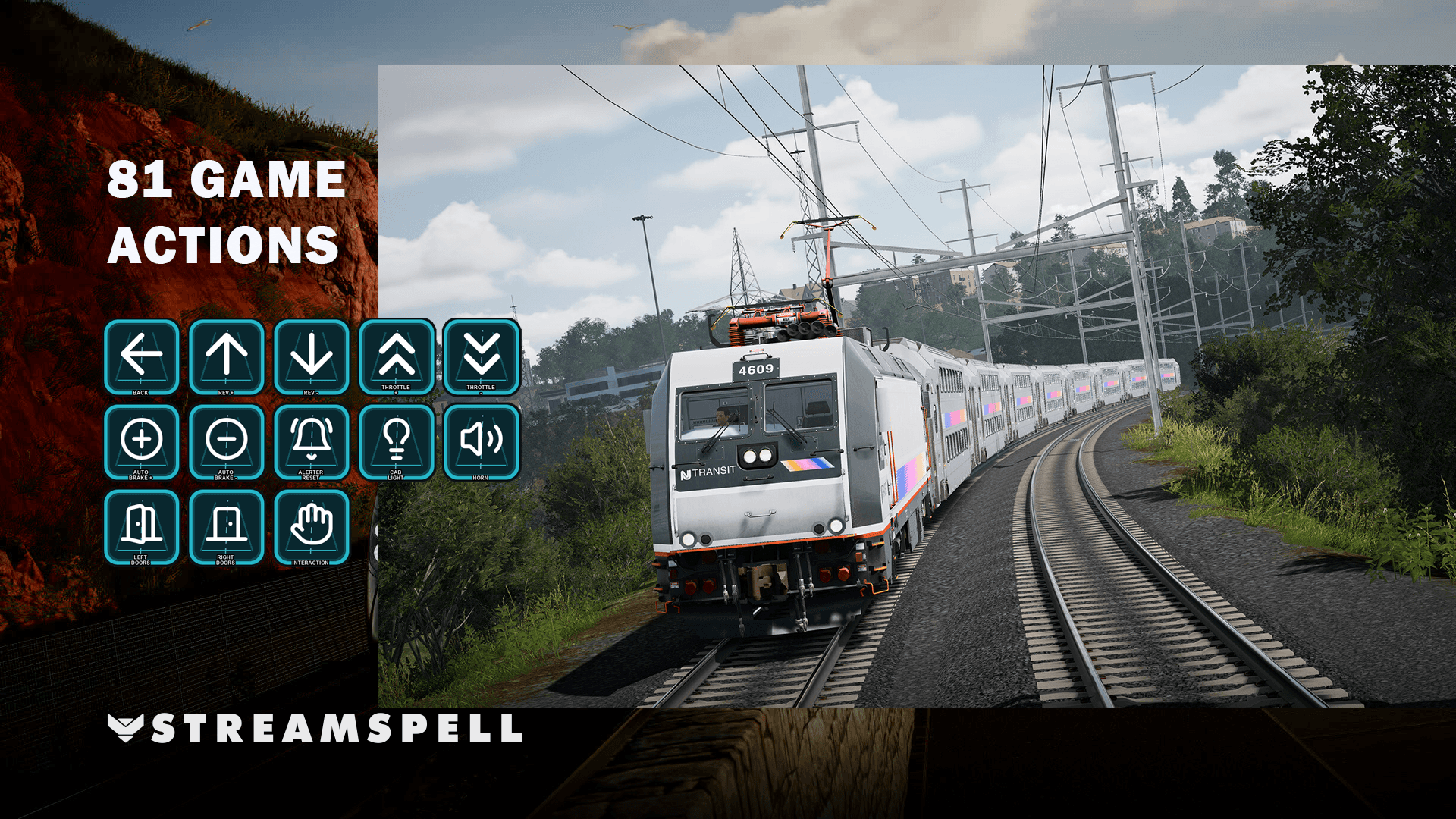 Train Sim World 6 gameplay with Stream Deck controls for driving, braking, cab and safety actions
