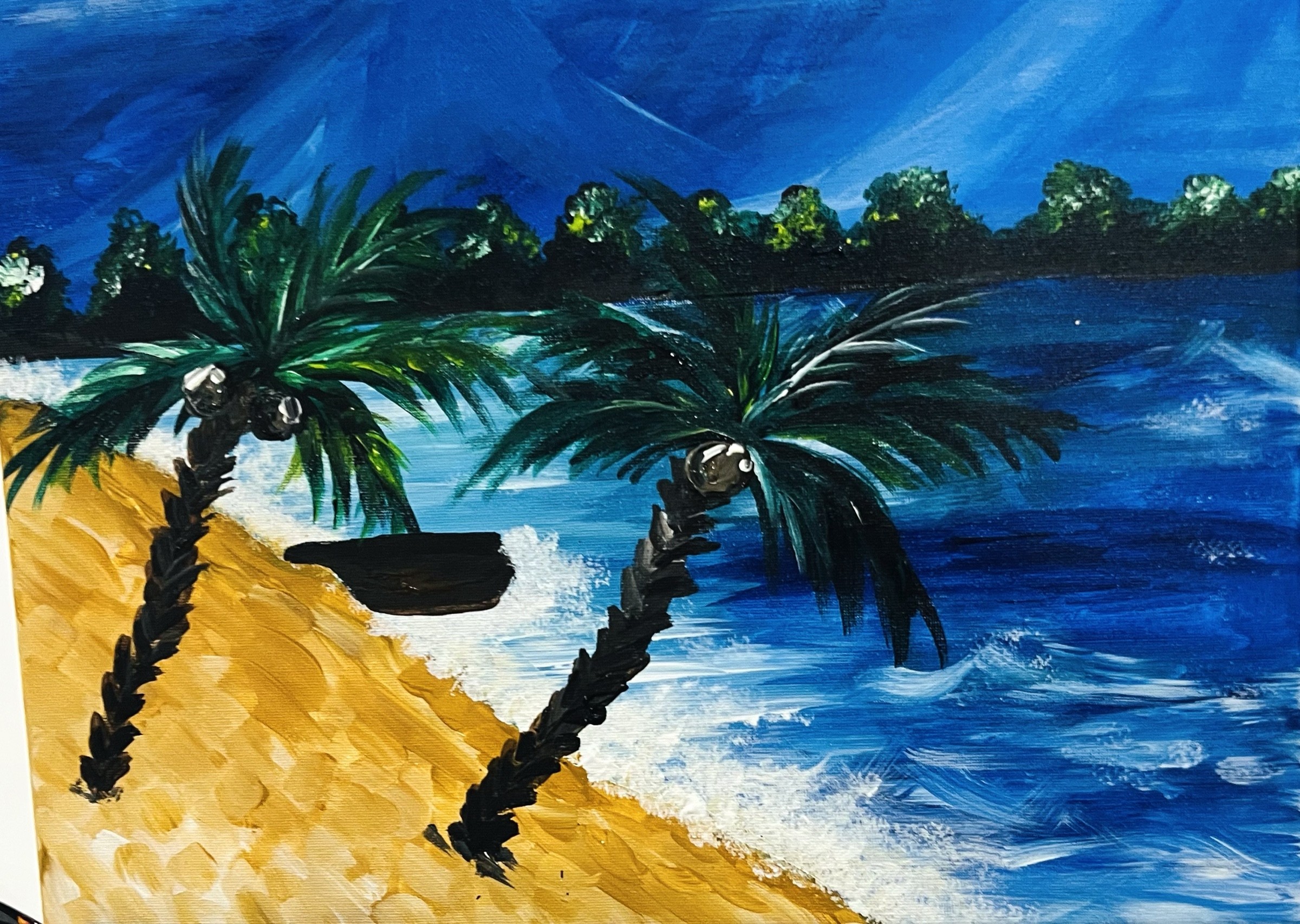 Painting of two palm trees leaning over a golden beach with blue waves and a boat on the shore