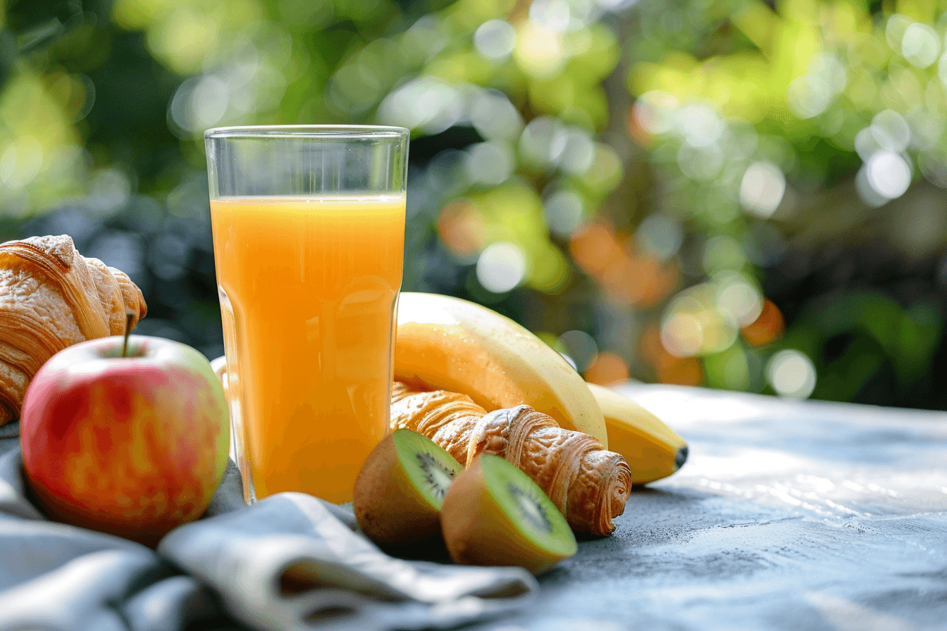 A glass of orange juice with an apple and croissants on a table in a garden setting.