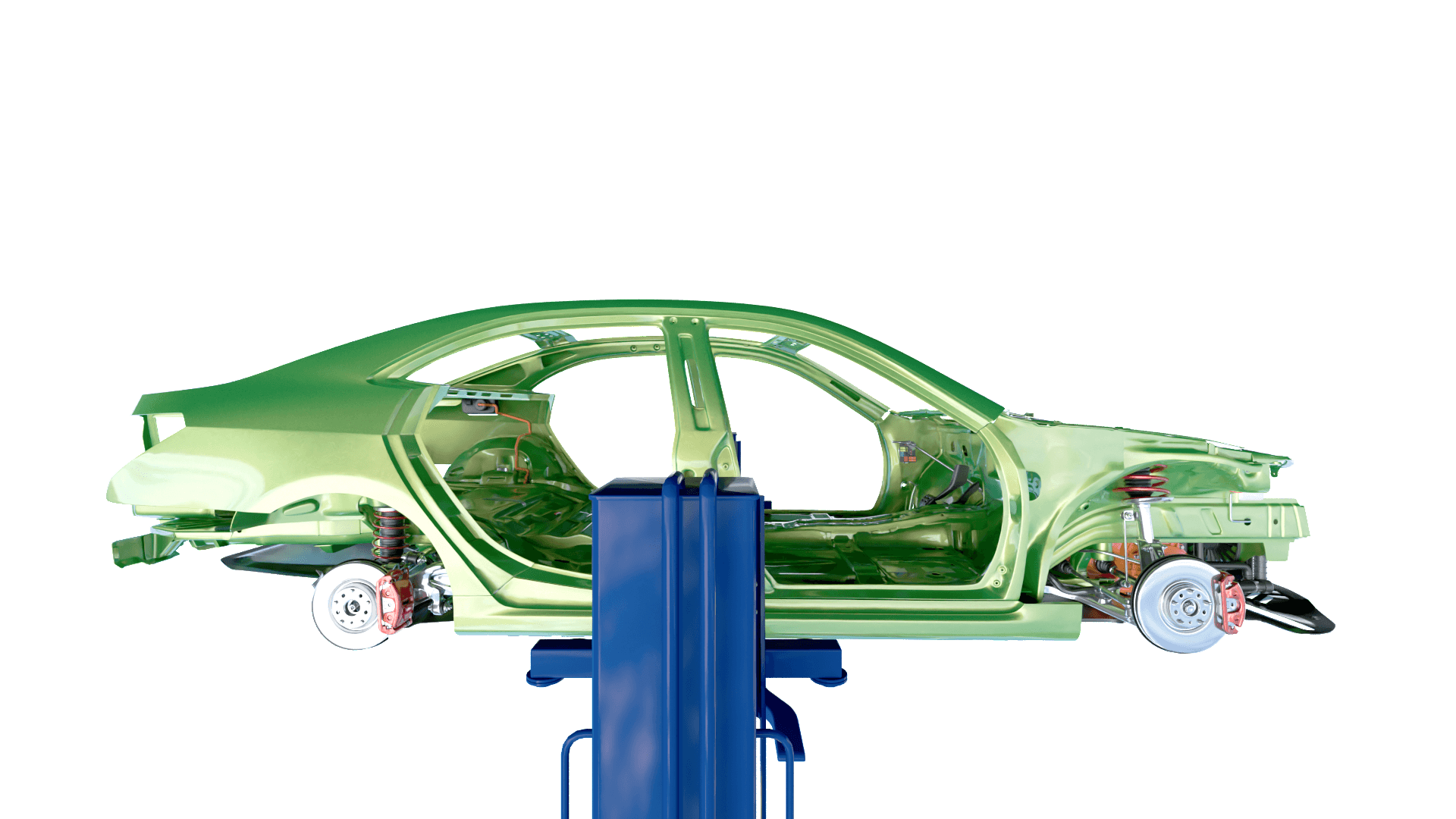 3D rendered cutaway view of a green sedan chassis on a service lift revealing the vehicle frame suspension and brake components representing the service and maintenance stage of the PTC digital transformation PLM journey