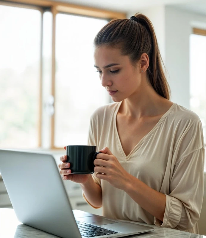 Mujer preocupada con cafe en la mano usando laptop