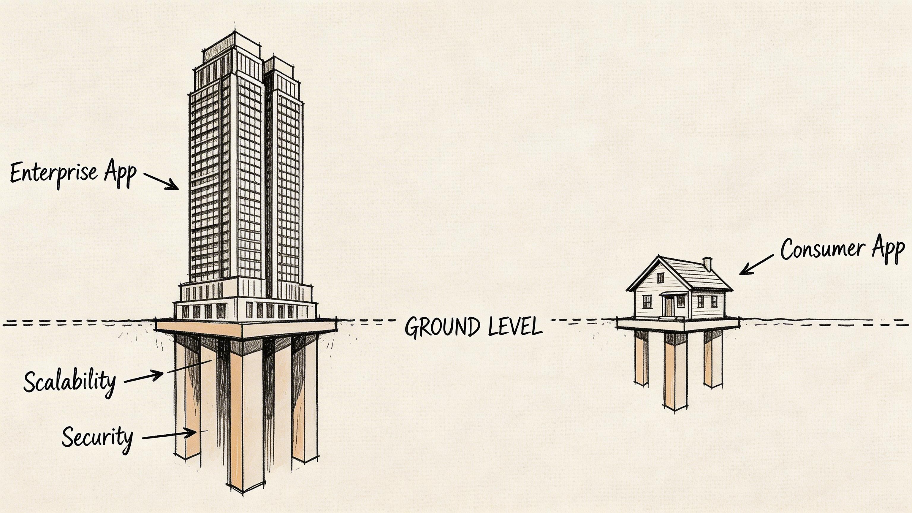 A conceptual illustration comparing enterprise applications as skyscrapers and consumer applications as houses with supporting infrastructure.