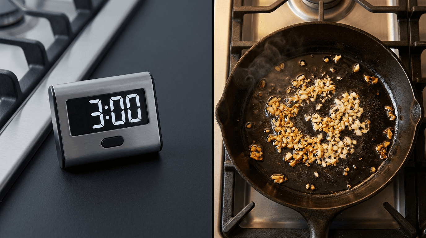 Split photo of kitchen timer and browning garlic in pan