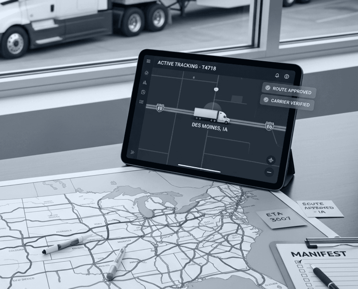 A digital tablet displays real-time online freight tracking and approved routes over a physical map of national freight transport networks.
