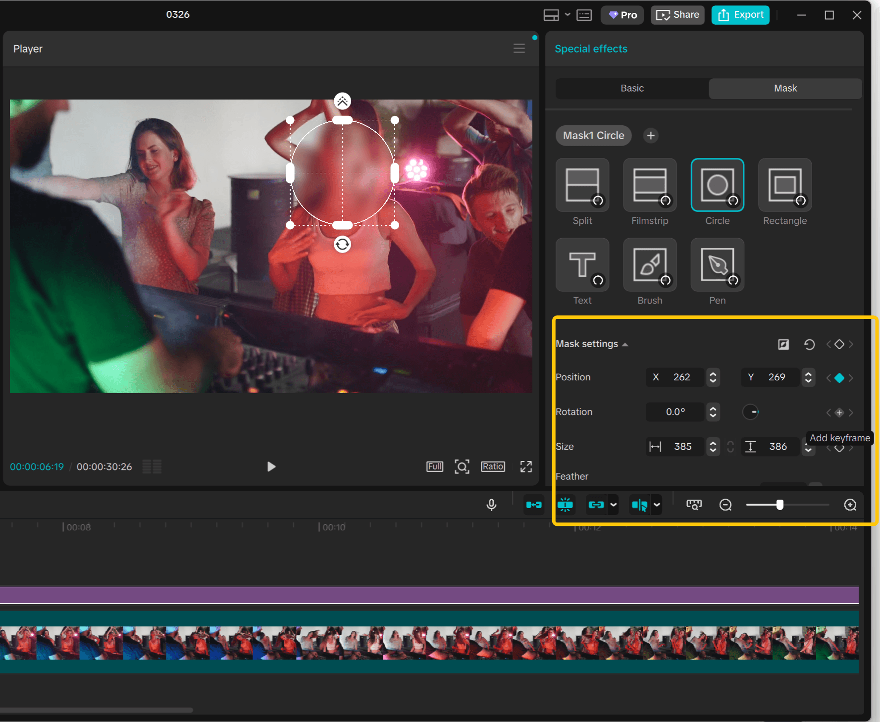 Activate keyframes in CapCut