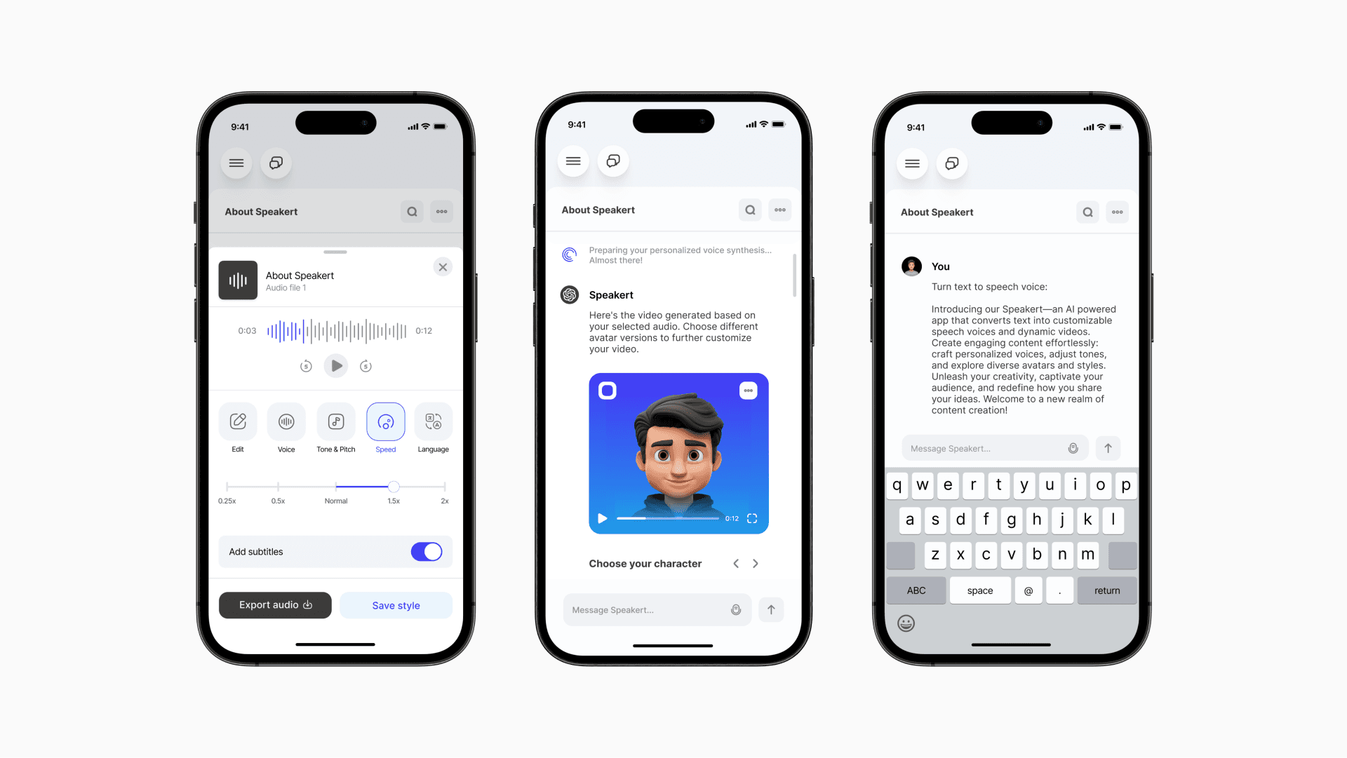 Mobile screens for Speakert AI app