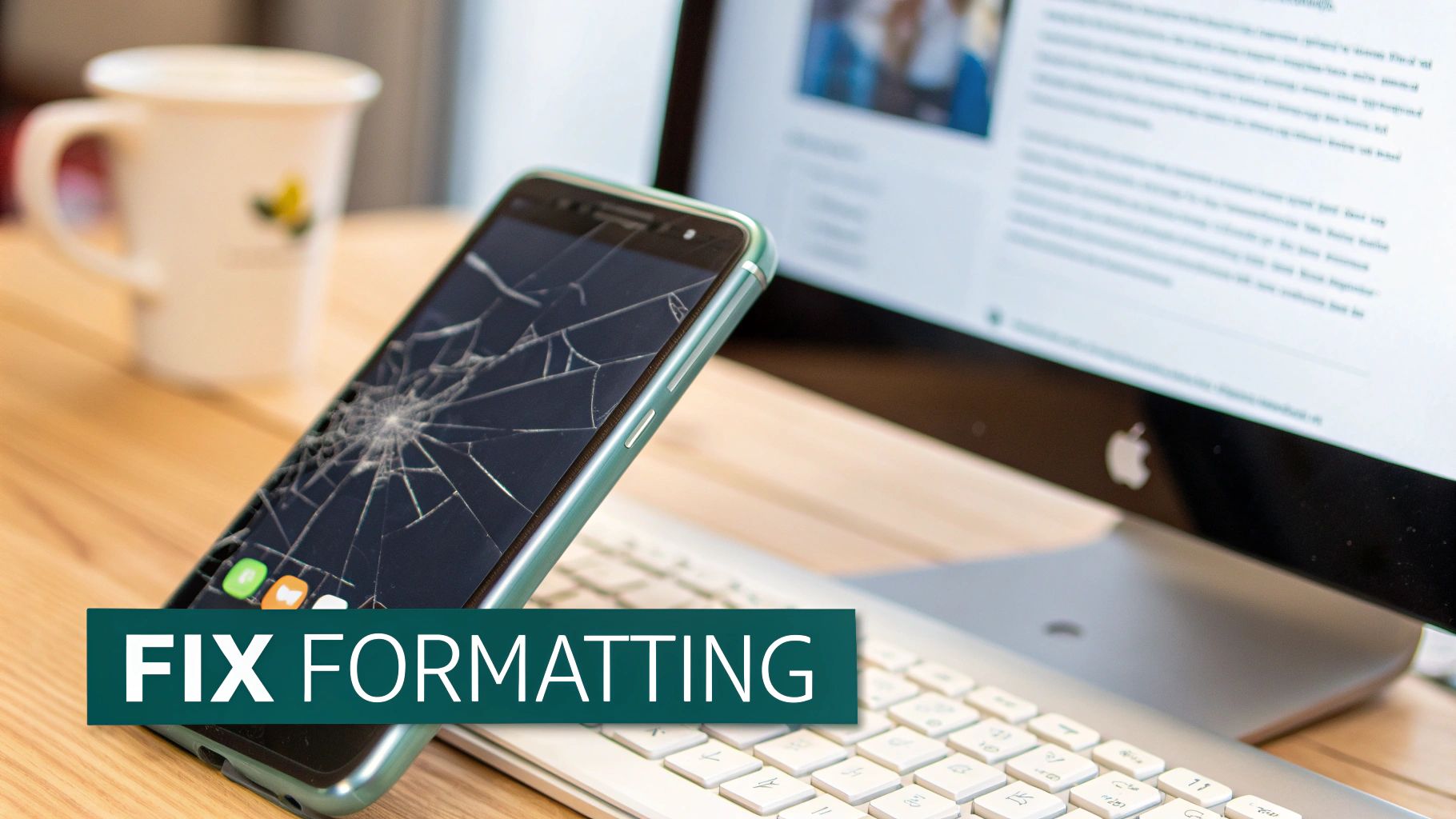 A smartphone with a severely cracked screen resting on a laptop keyboard in a workspace setting.