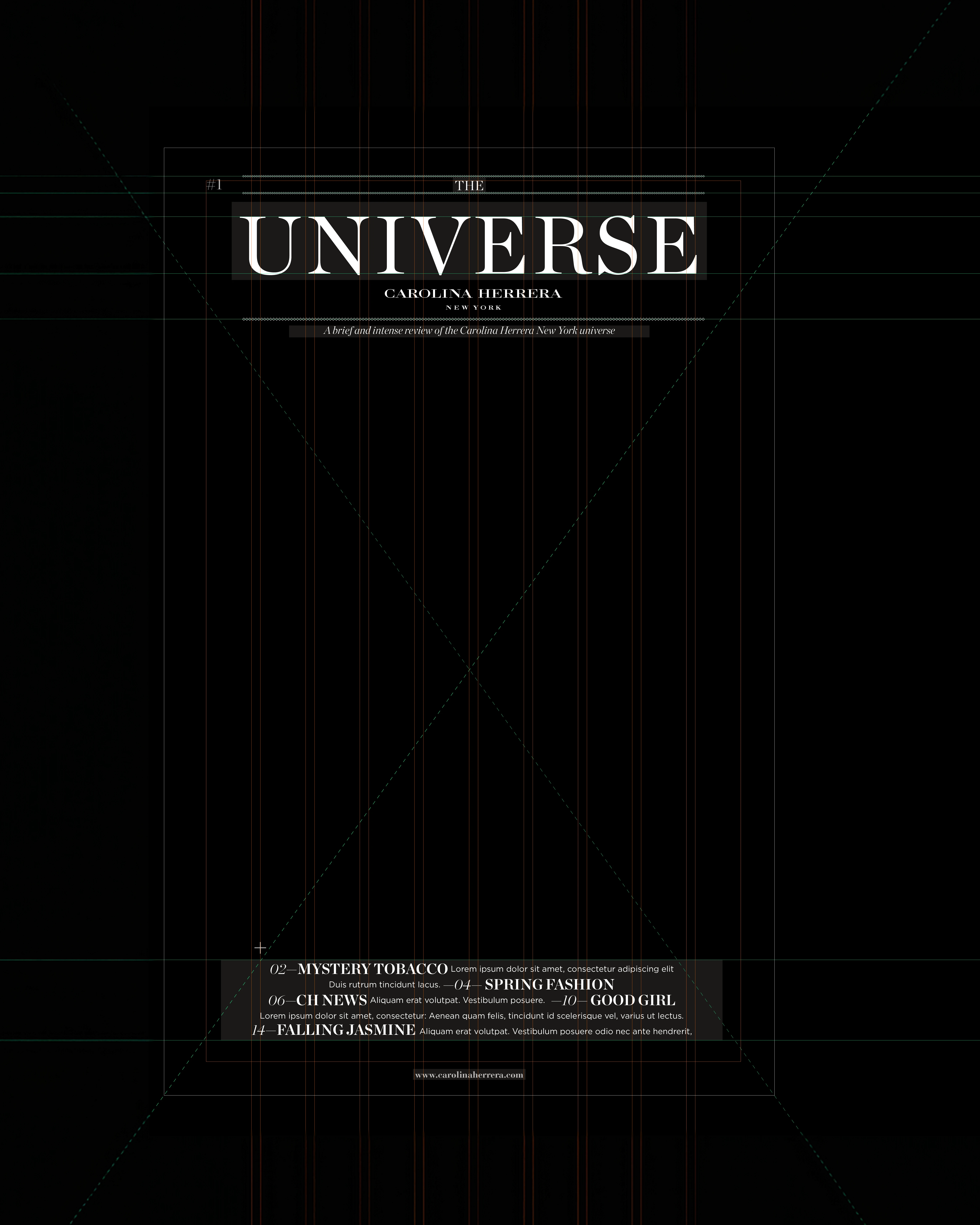 Carolina Herrera Universe cover on black with a table of contents, editorial design by Sebastian Saavedra