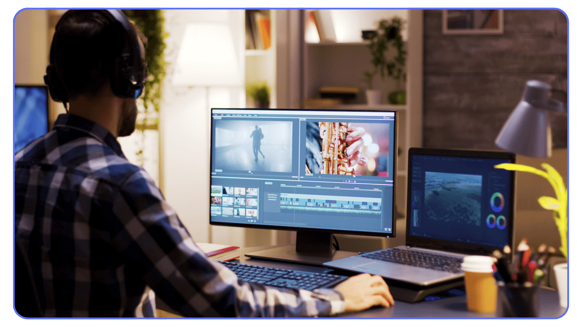 Video creator editing footage and testing motion graphics software on desktop computer