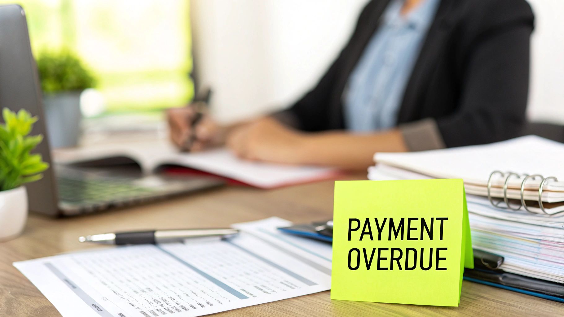 A bright green sticky note on a busy desk reads 'PAYMENT OVERDUE' with a person working.