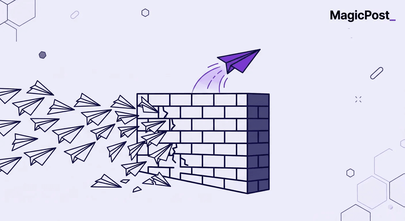 An illustration depicting cold outreach messages being blocked by their intended target, whereas a hot message directly gains the attention of the lead it wants