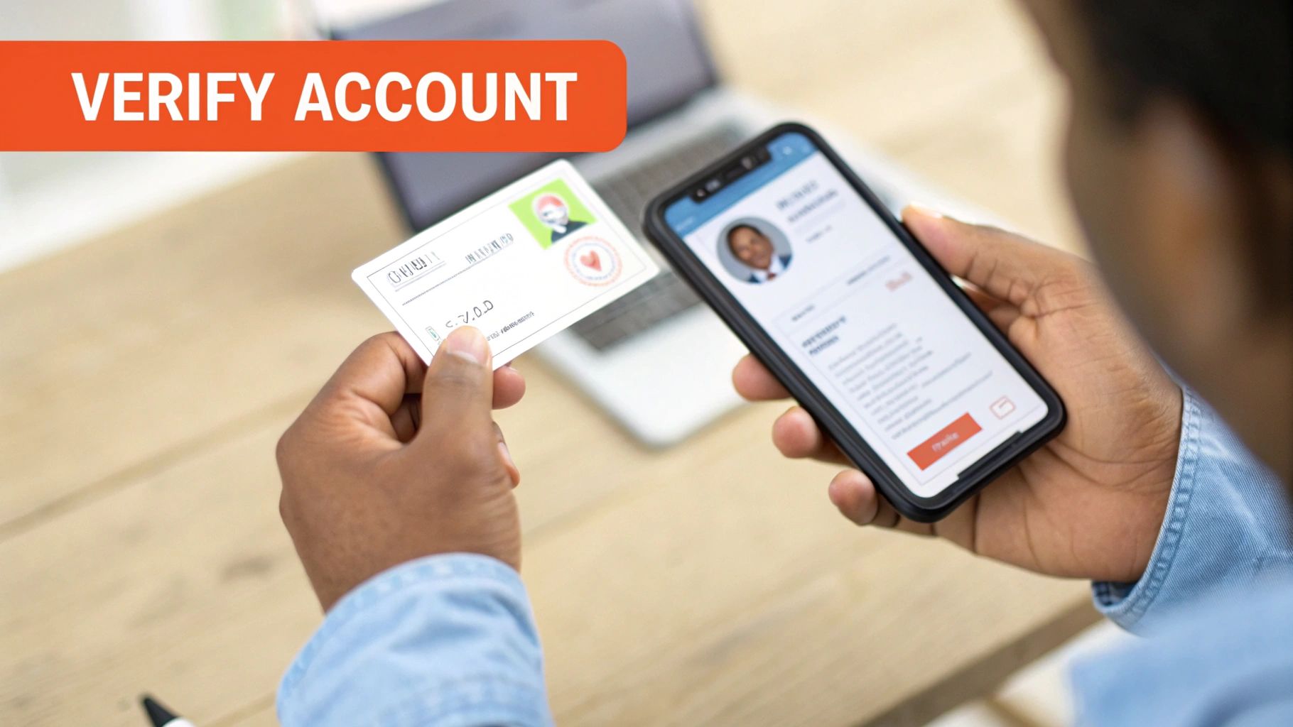 Hands holding an ID card and smartphone, verifying an online account with 'VERIFY ACCOUNT' banner.