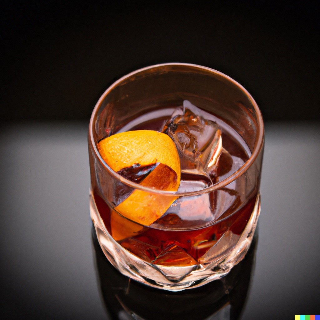 A classic Old Fashioned cocktail served in a crystal glass, featuring a large ice cube and an orange peel garnish, set against a dark, minimalist background.