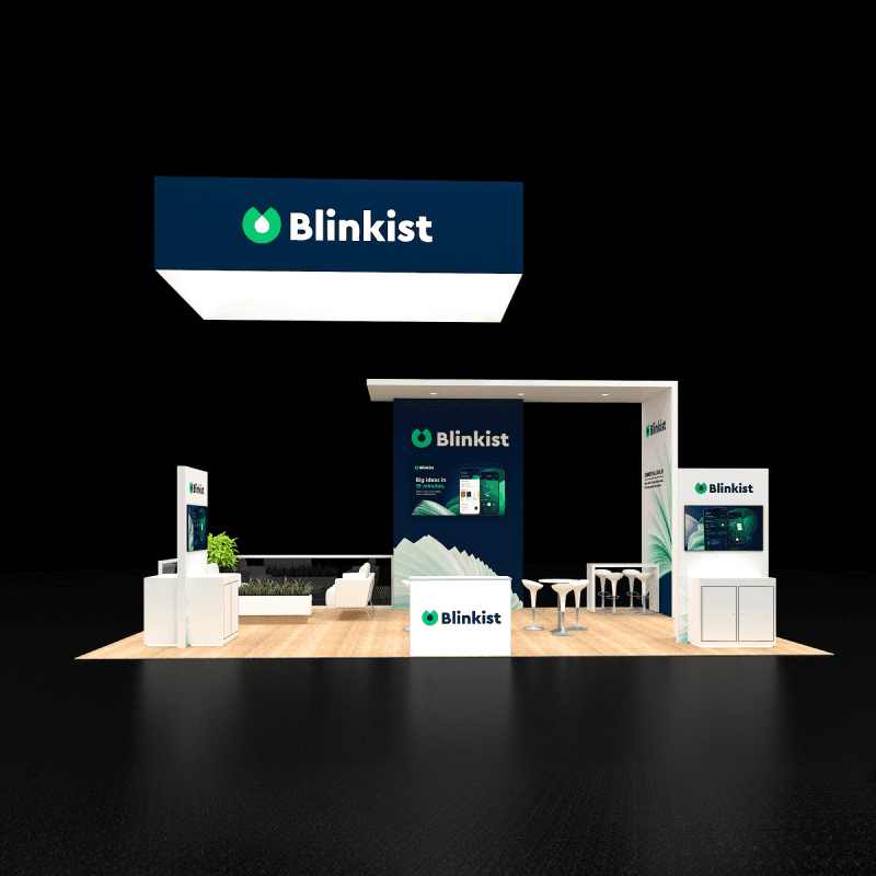 20x30 software demo booth rental with overhead branding and buyer lounge