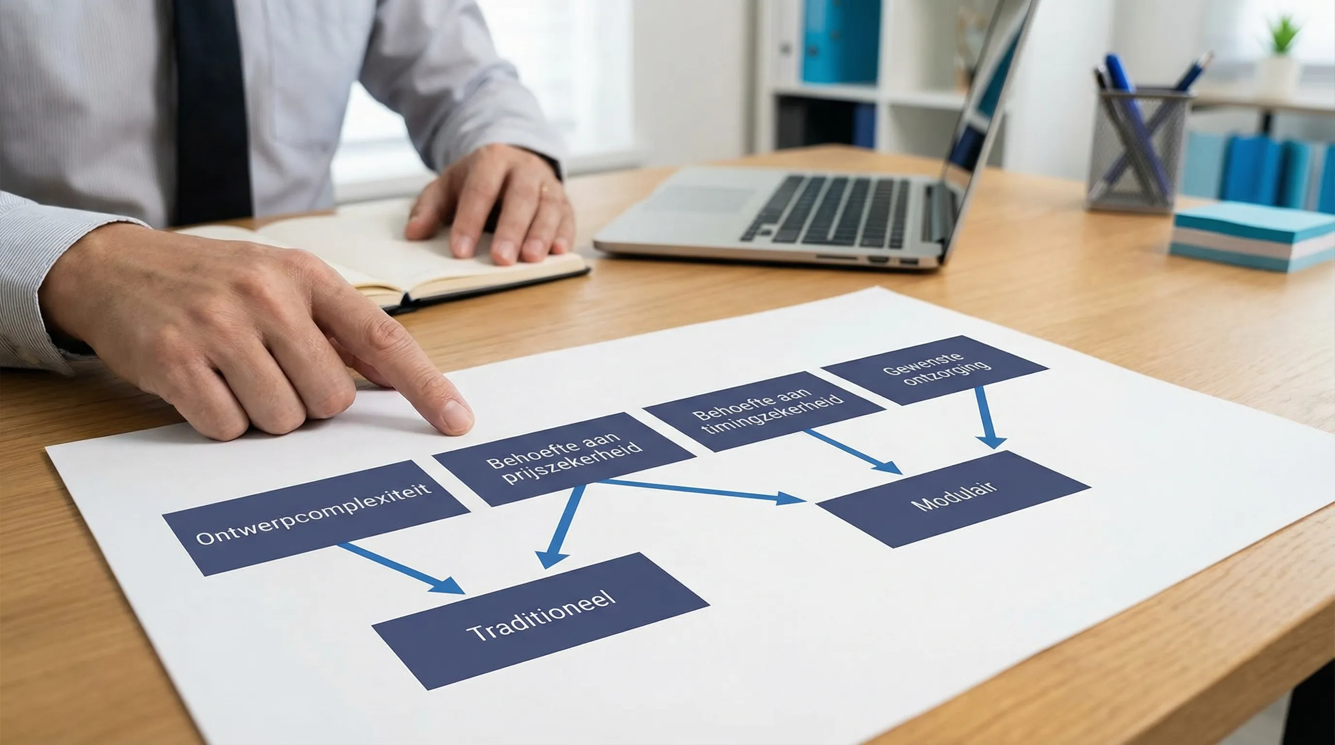 Eenvoudige beslisdiagram met vier blokken: ontwerpcomplexiteit, behoefte aan prijszekerheid, behoefte aan timingzekerheid, en gewenste ontzorging, met pijlen naar traditioneel of modulair als meest logische richting.