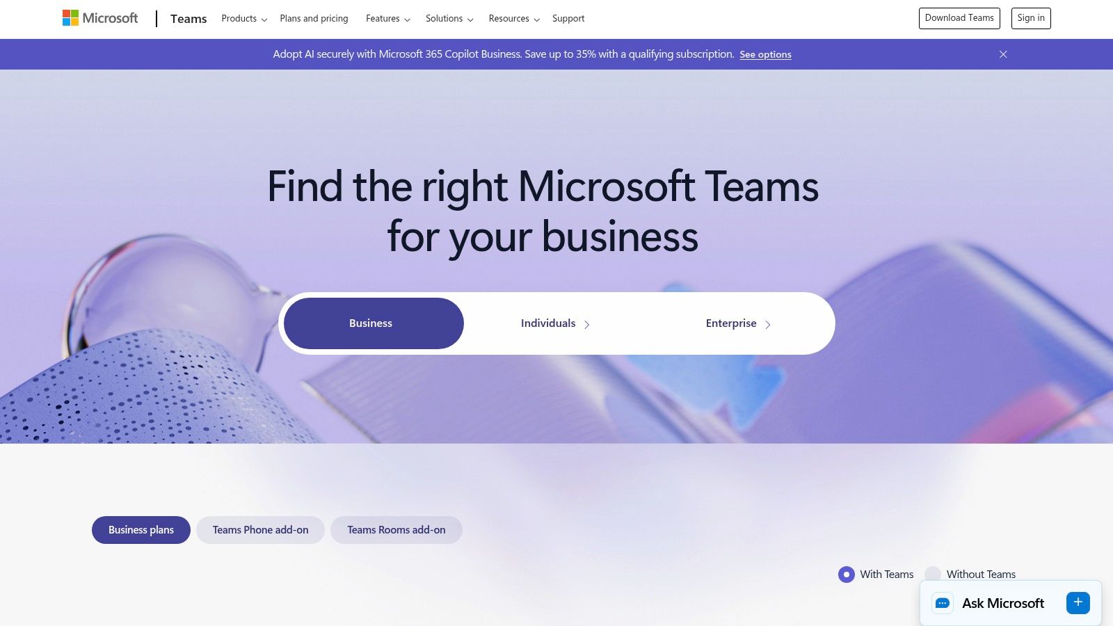 A screenshot of the Microsoft Teams for Business pricing page.