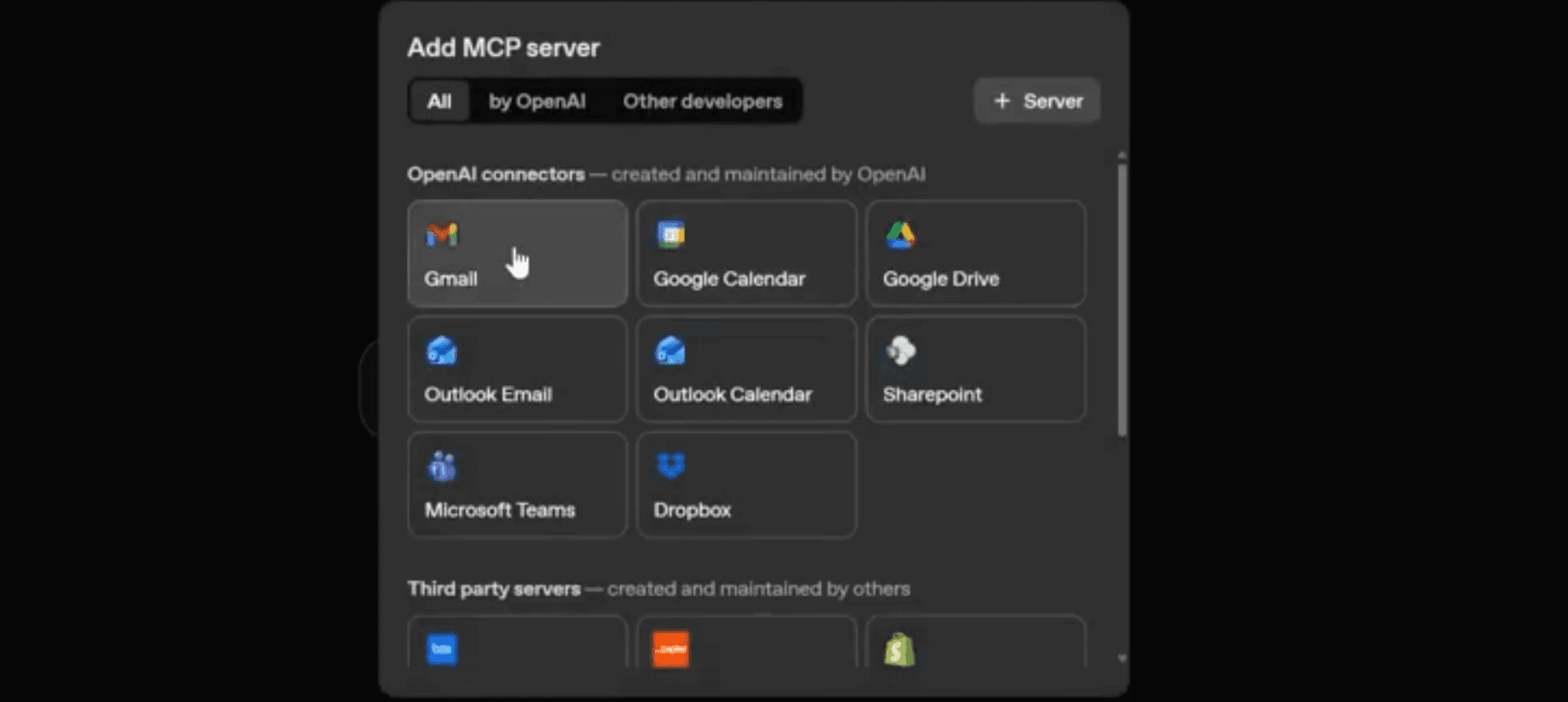 mcp server - open ai dashboard