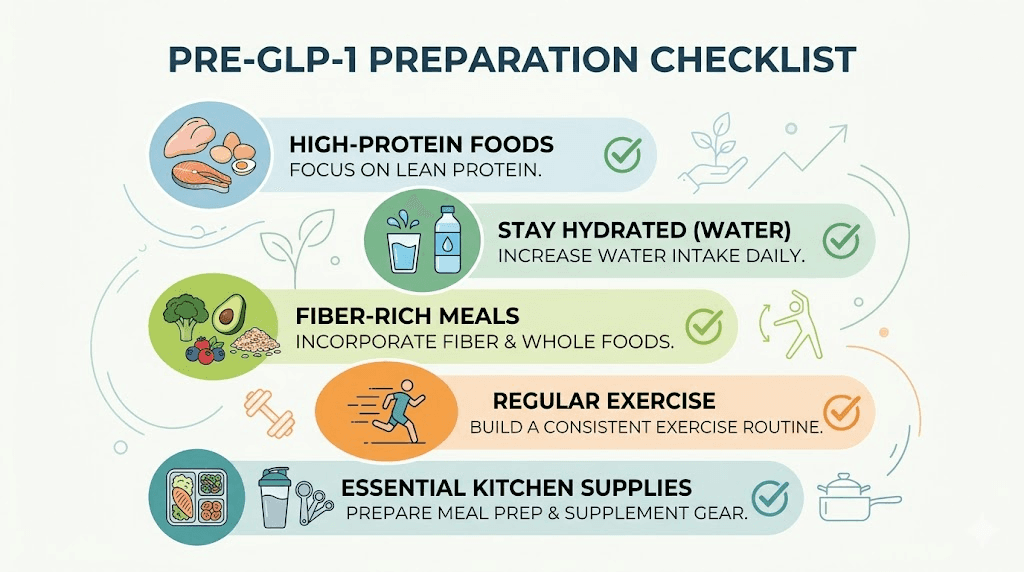 GLP-1 body preparation checklist for protein hydration fiber and exercise before starting